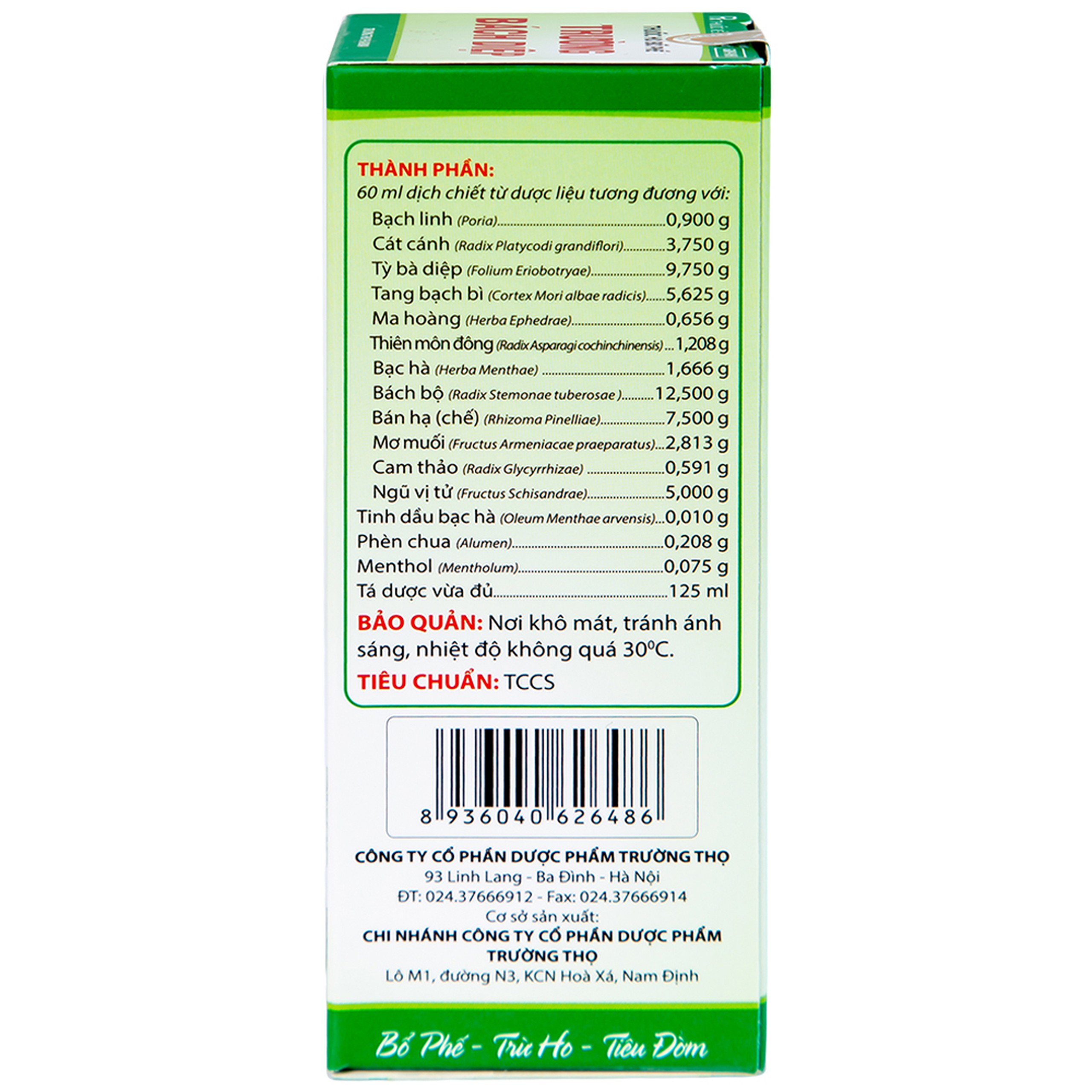 Thuốc ho bổ phế Trường Bạch Diệp Trường Thọ chữa ho tiêu đờm, chuyên trị ho cảm (125ml)