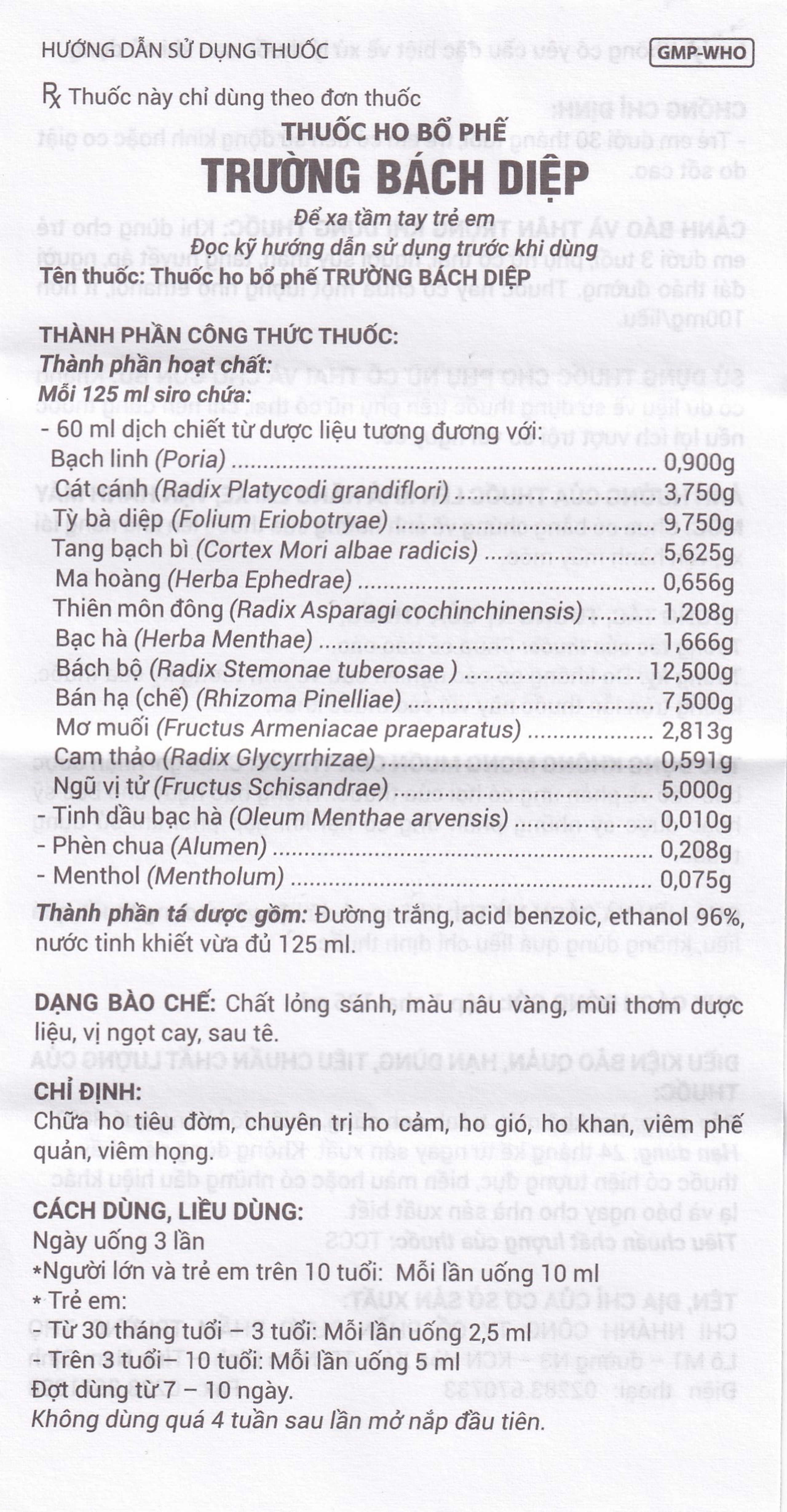 Thuốc ho bổ phế Trường Bạch Diệp Trường Thọ chữa ho tiêu đờm, chuyên trị ho cảm (125ml)