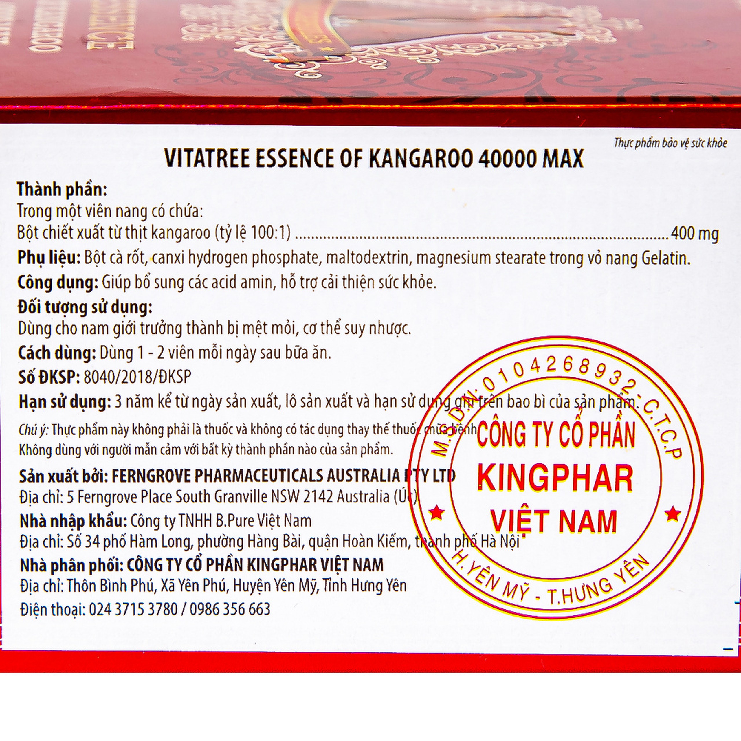 Viên uống Essence Of Kangaroo 40000 Max Vitatree bổ sung các acid amin, hỗ trợ cải thiện sức khỏe (100 viên)