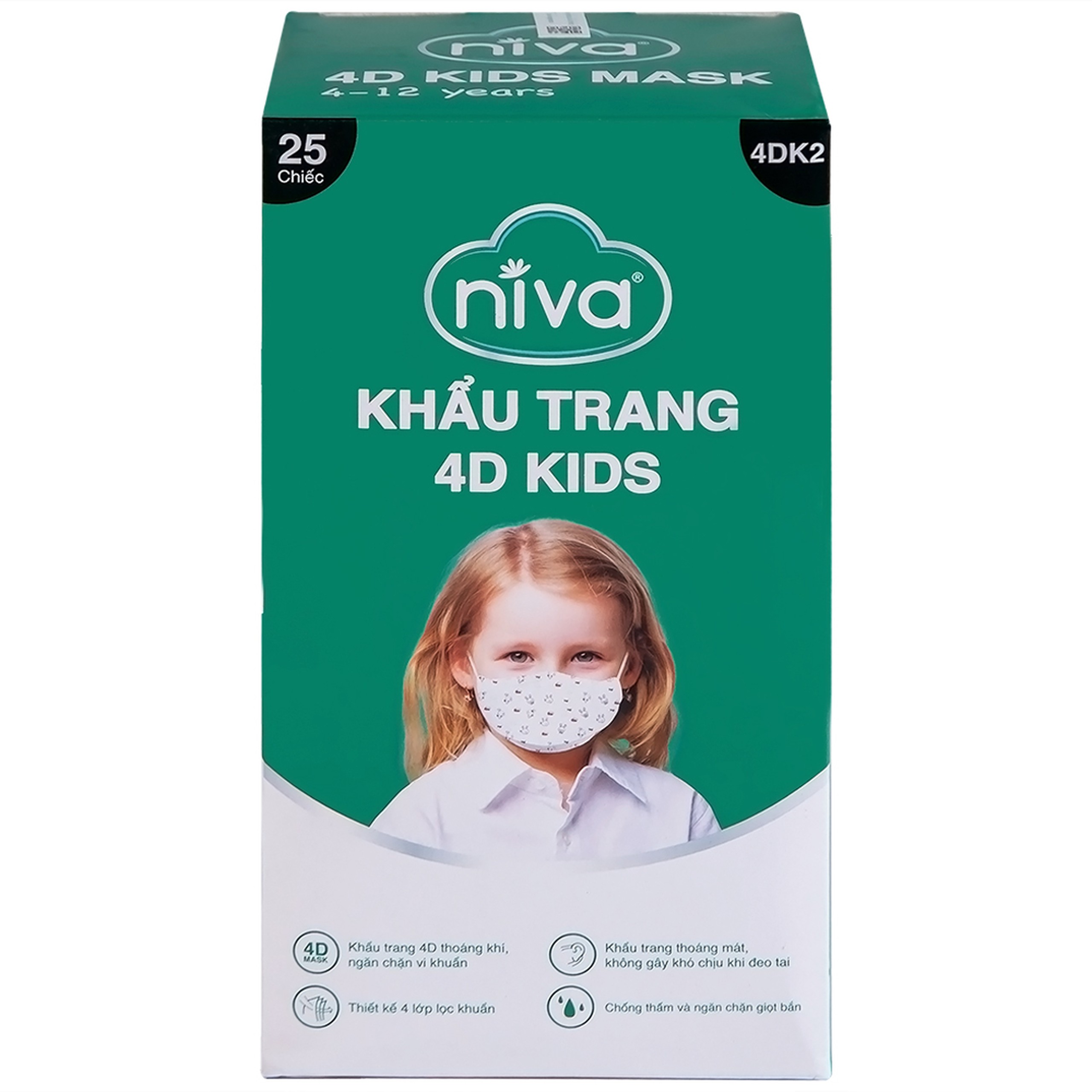 Khẩu trang trẻ em 4 lớp Niva 4D Kids (25 cái) thoáng khí, ngăn chặn vi khuẩn, giọt bắn