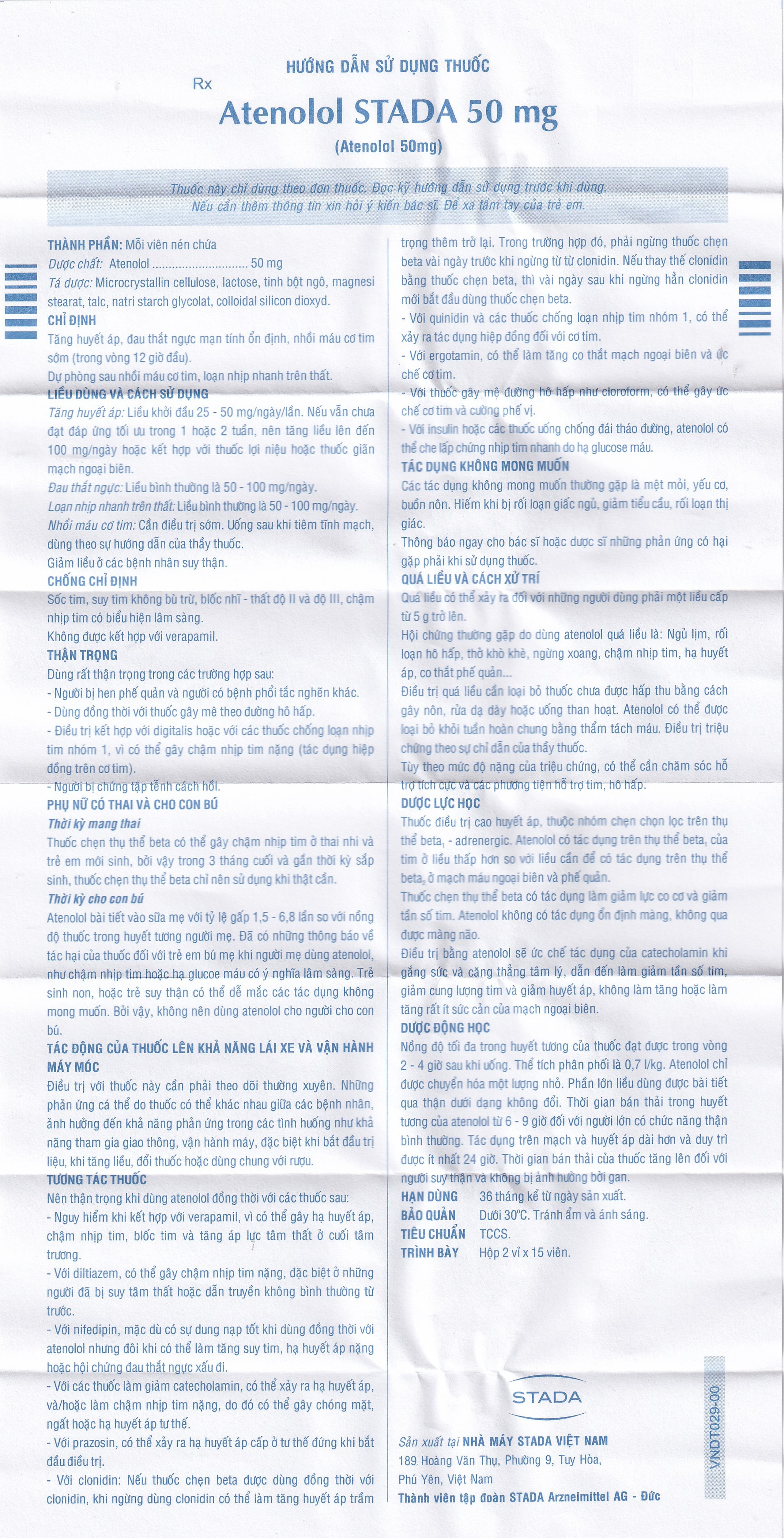 Thuốc Atenolol Stada 50mg điều trị tăng huyết áp, đau thắt ngực (2 vỉ x 15 viên)