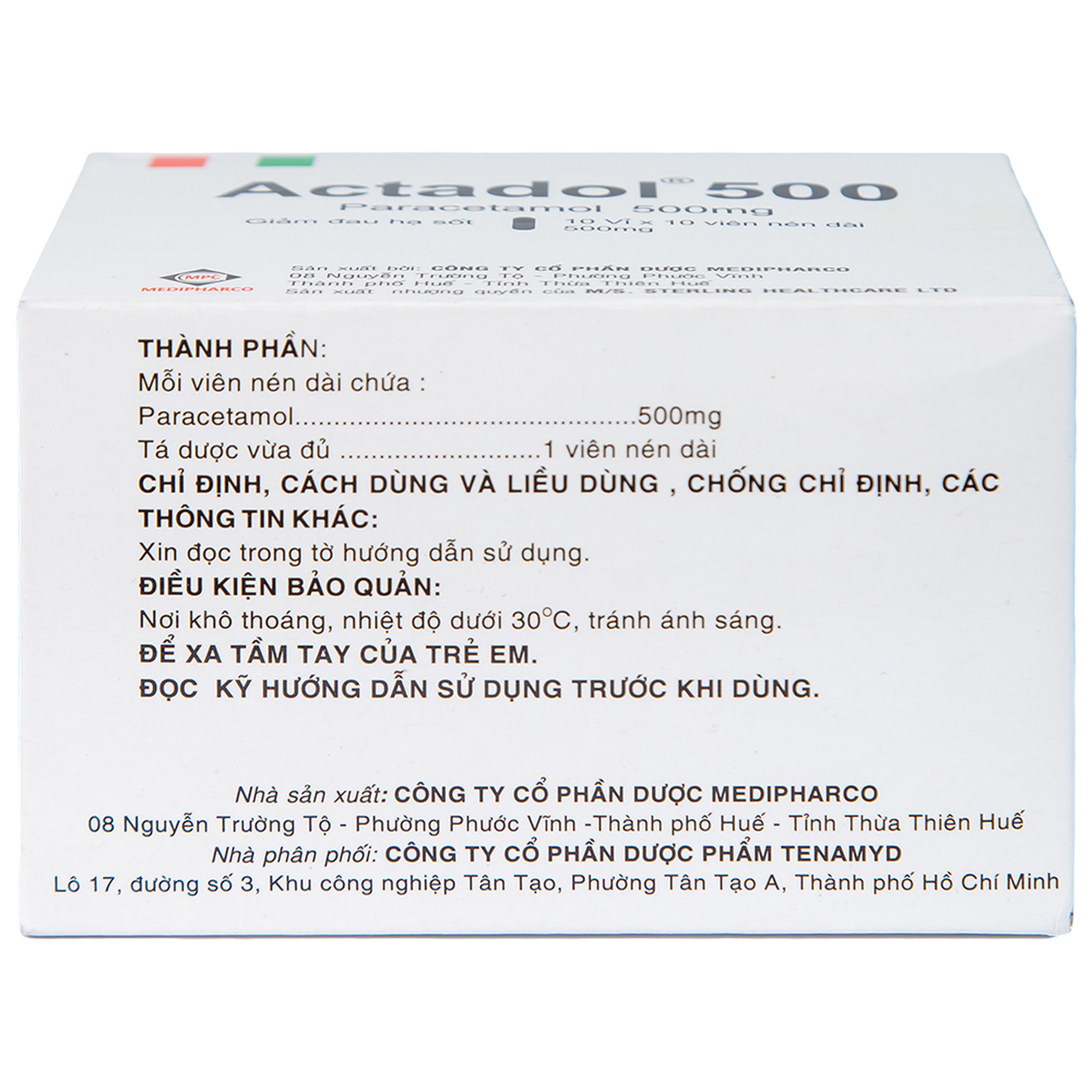 Thuốc Actadol 500 Medipharco điều trị các chứng đau và sốt từ nhẹ đến vừa (10 vỉ x 10 viên)