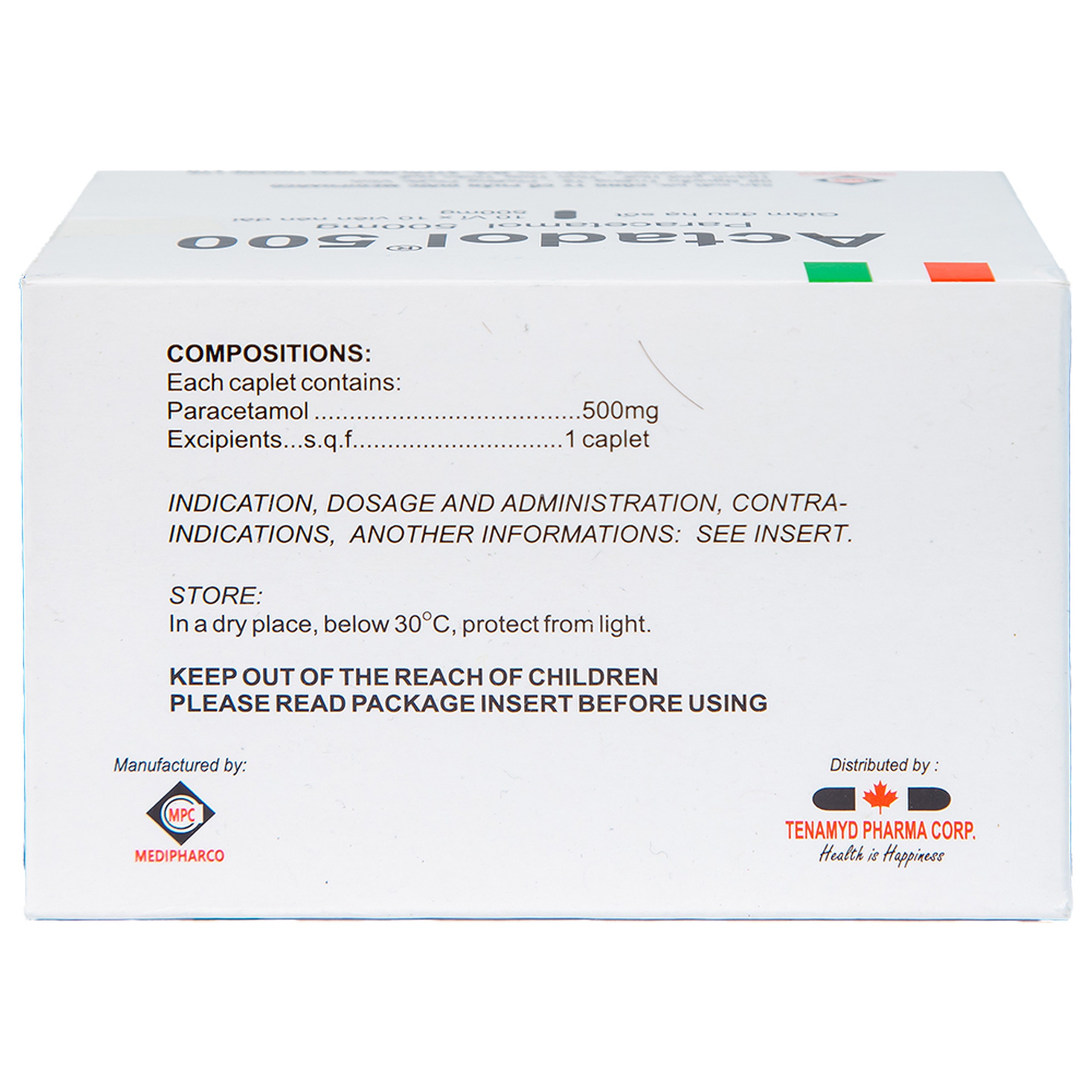 Thuốc Actadol 500 Medipharco điều trị các chứng đau và sốt từ nhẹ đến vừa (10 vỉ x 10 viên)