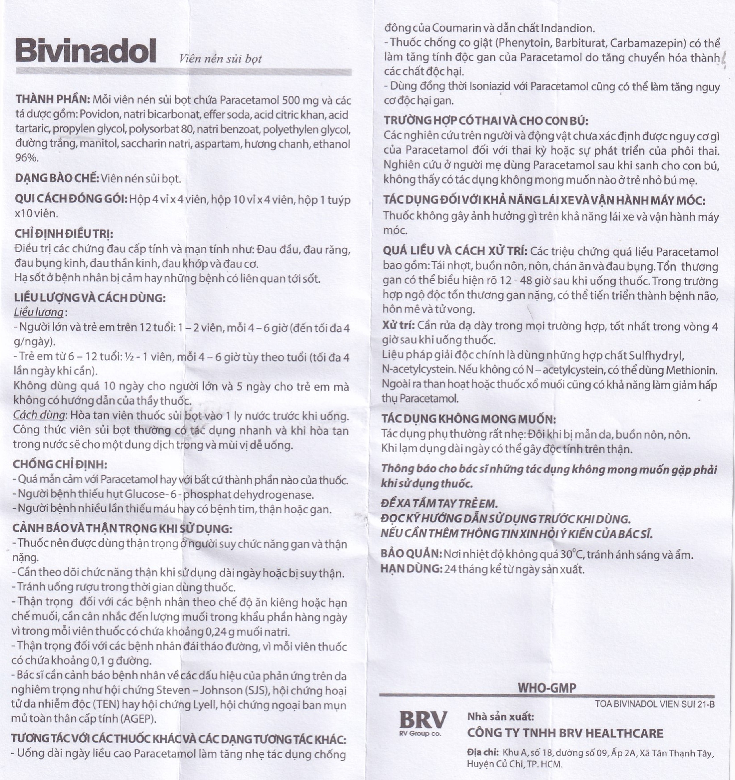 Thuốc sủi bọt Bivinadol 500mg BRV giảm đau, hạ sốt (4 vỉ x 4 viên)