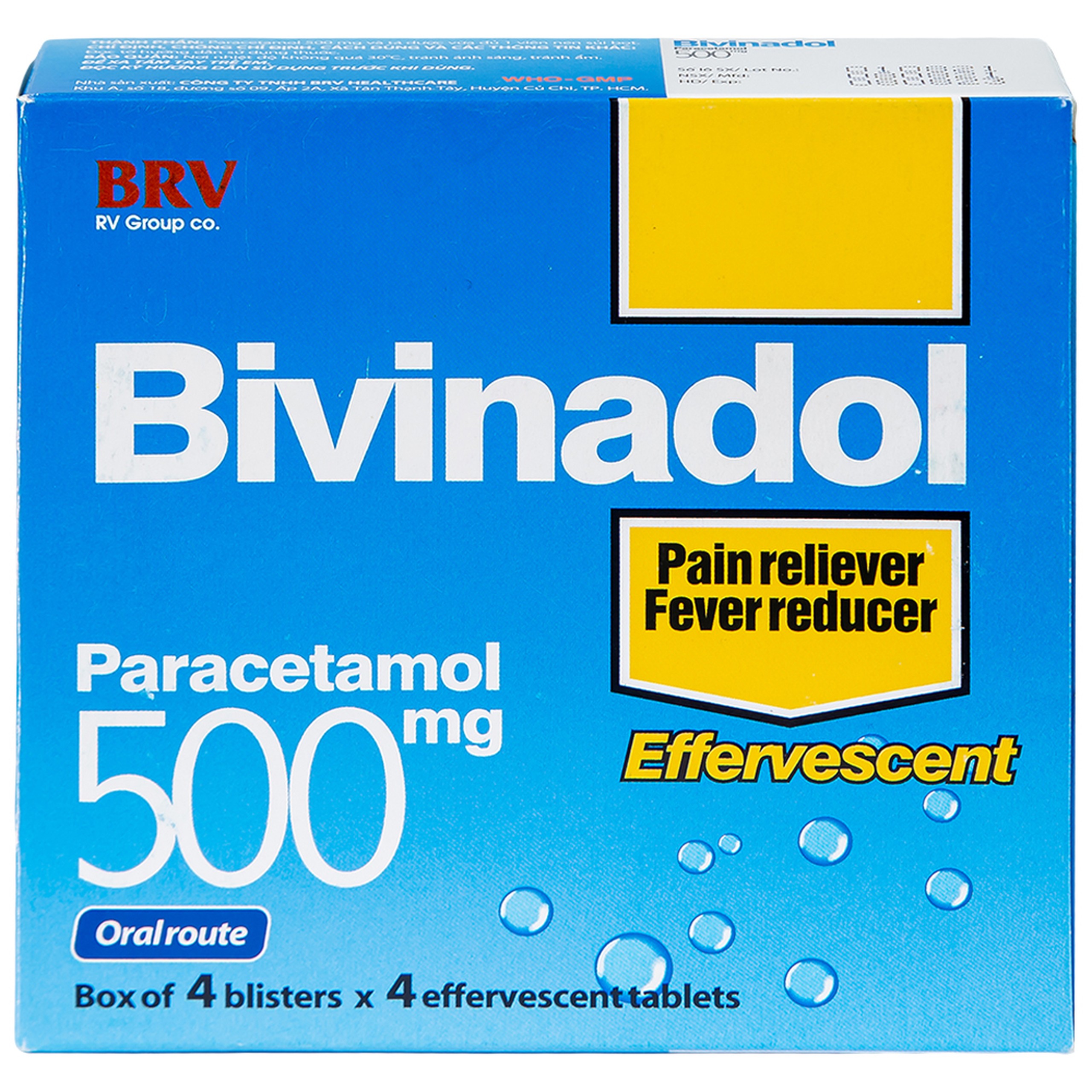 Thuốc sủi bọt Bivinadol 500mg BRV giảm đau, hạ sốt (4 vỉ x 4 viên)