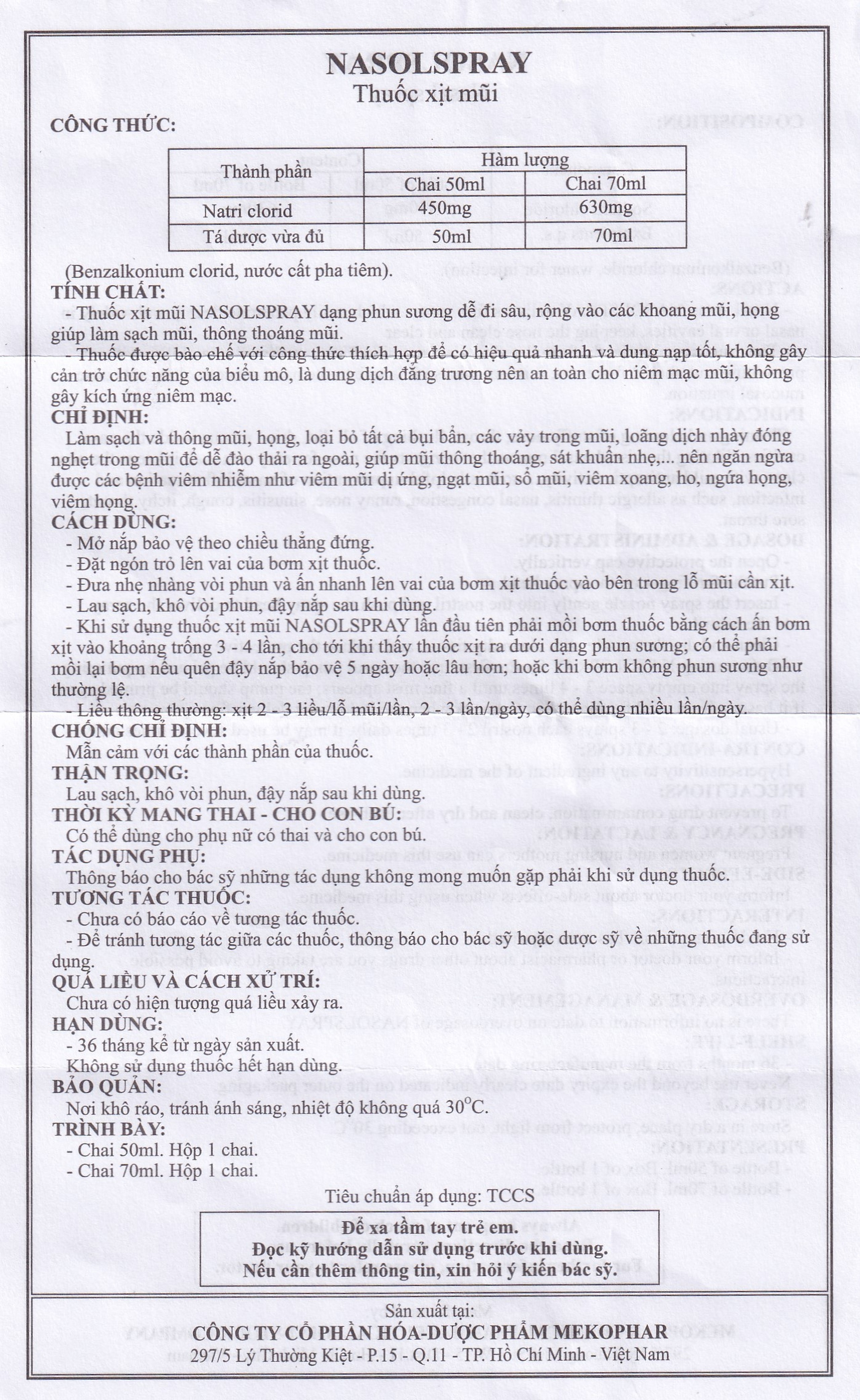 Thuốc xịt mũi Nasolspray Mekophar làm sạch và thông mũi, họng (70ml)