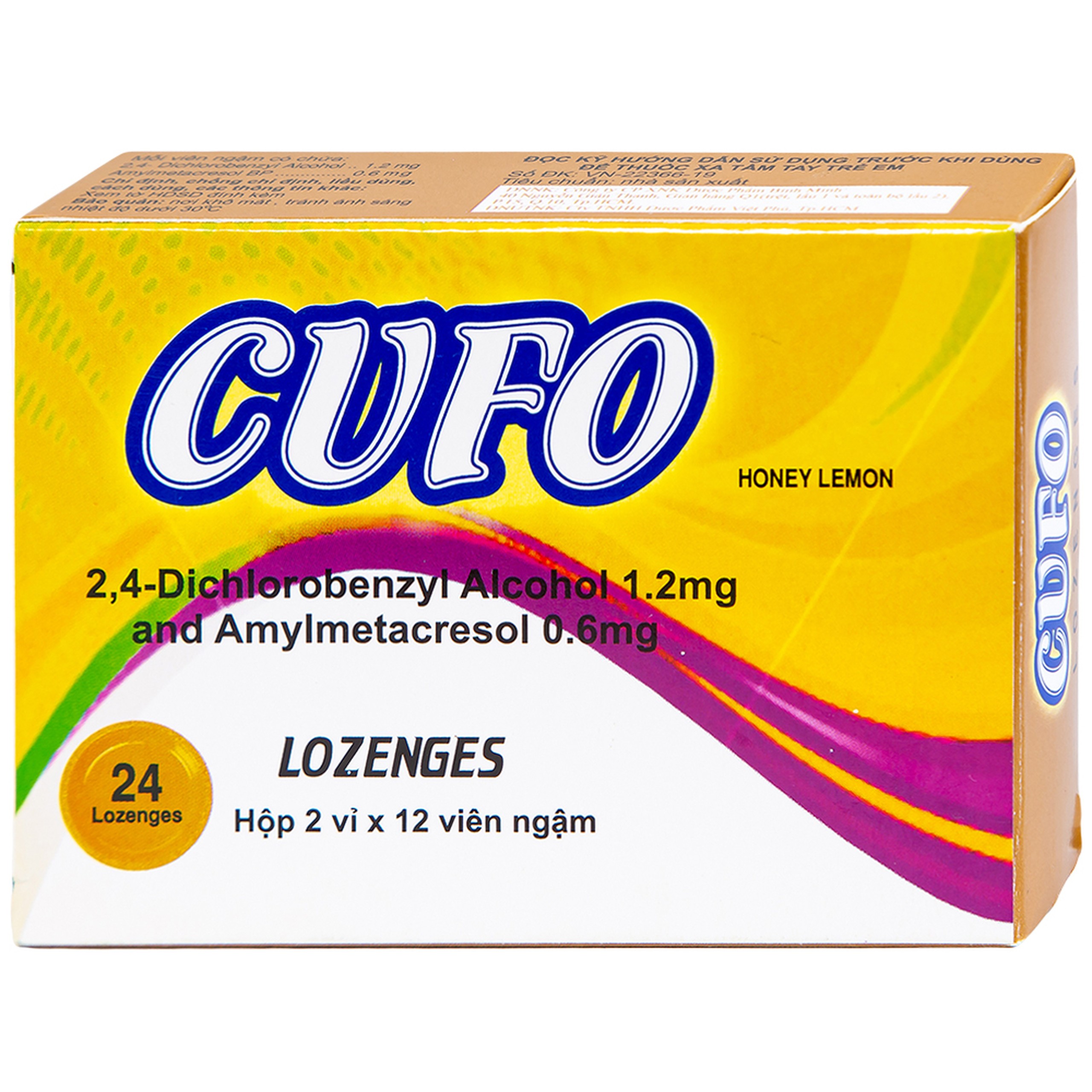 Viên ngậm Cufo vị mật ong chanh hỗ trợ điều trị triệu chứng trong nhiễm khuẩn miệng và họng (2 vỉ x 12 viên)