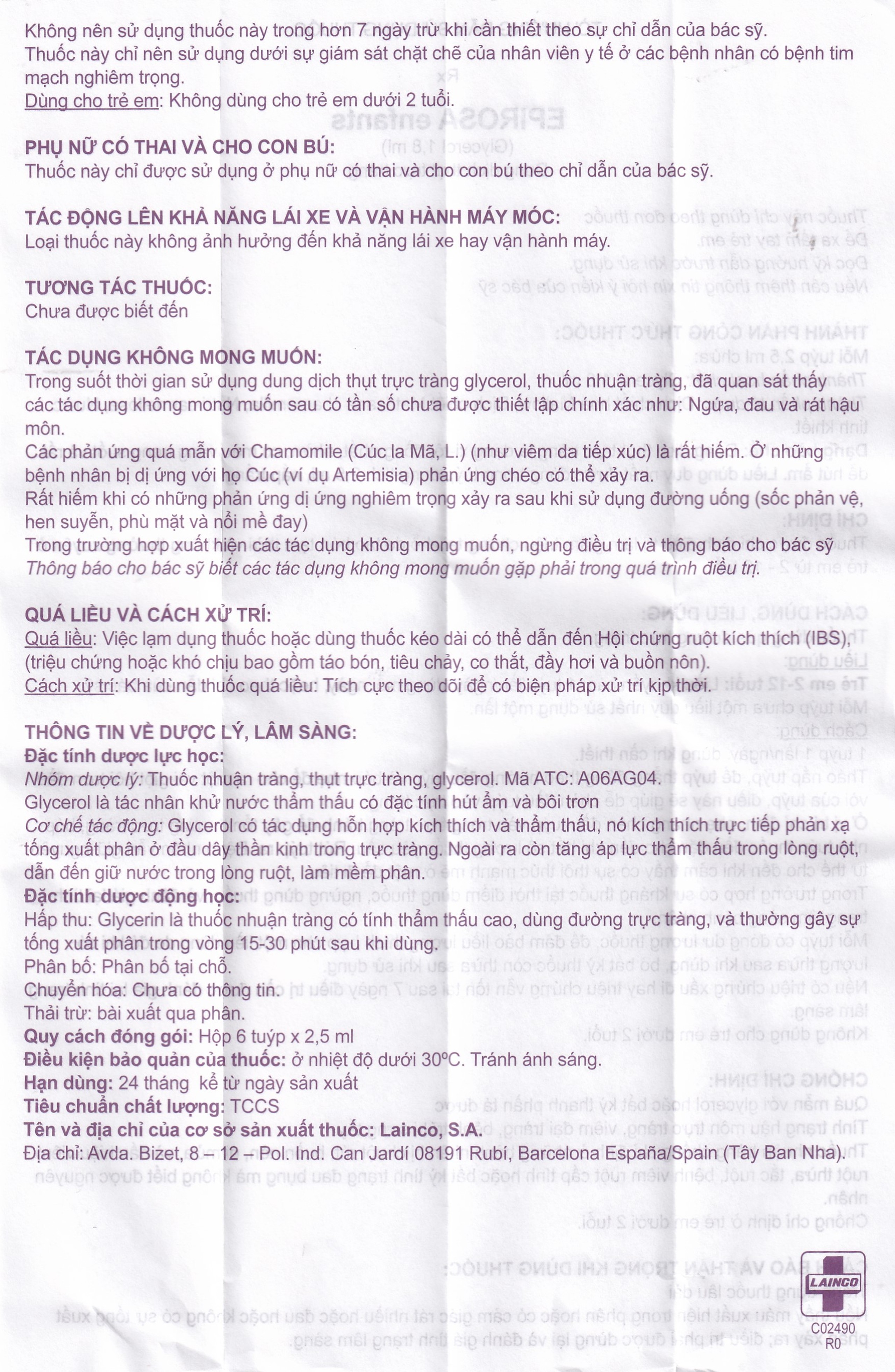 Dung dịch thụt trực tràng Epirosa Enfants Lainco giảm triệu chứng táo bón (6 tuýp x 2.5ml)