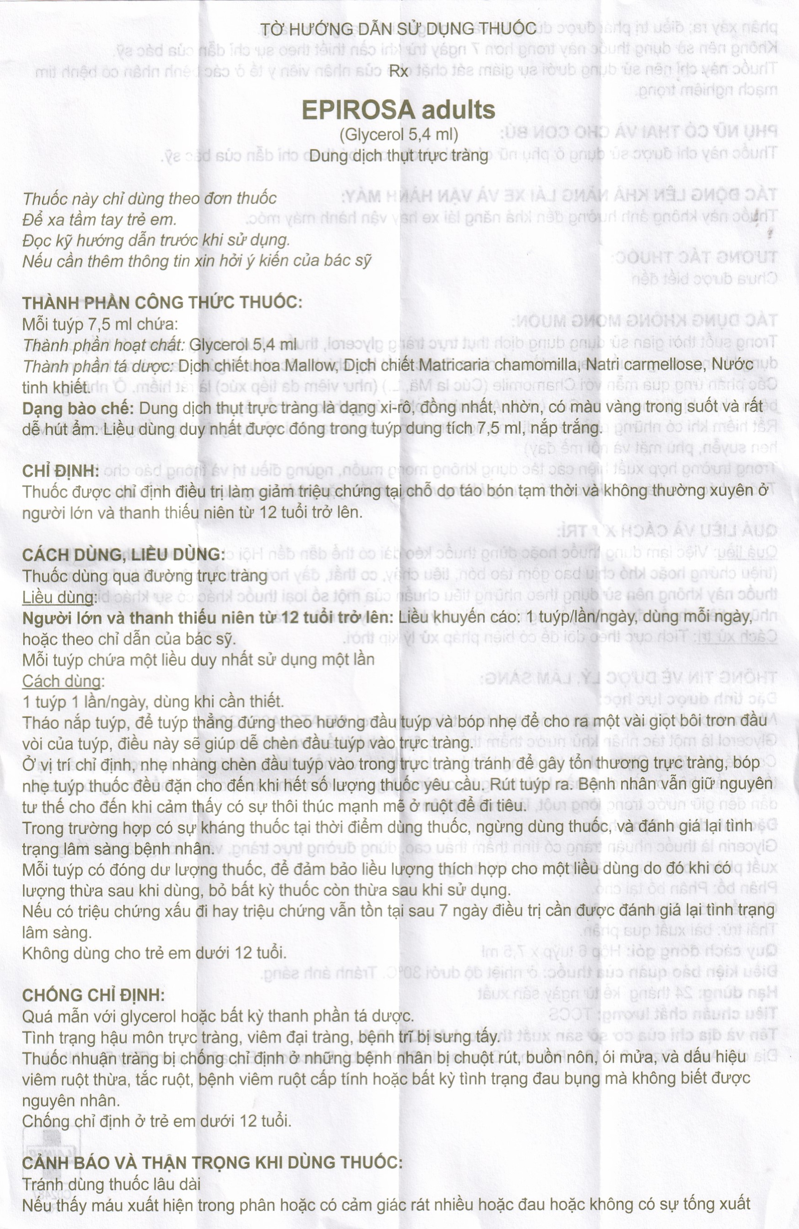 Dung dịch thụt trực tràng Epirosa Adults Lainco giảm triệu chứng táo bón (6 tuýp x 7.5ml)