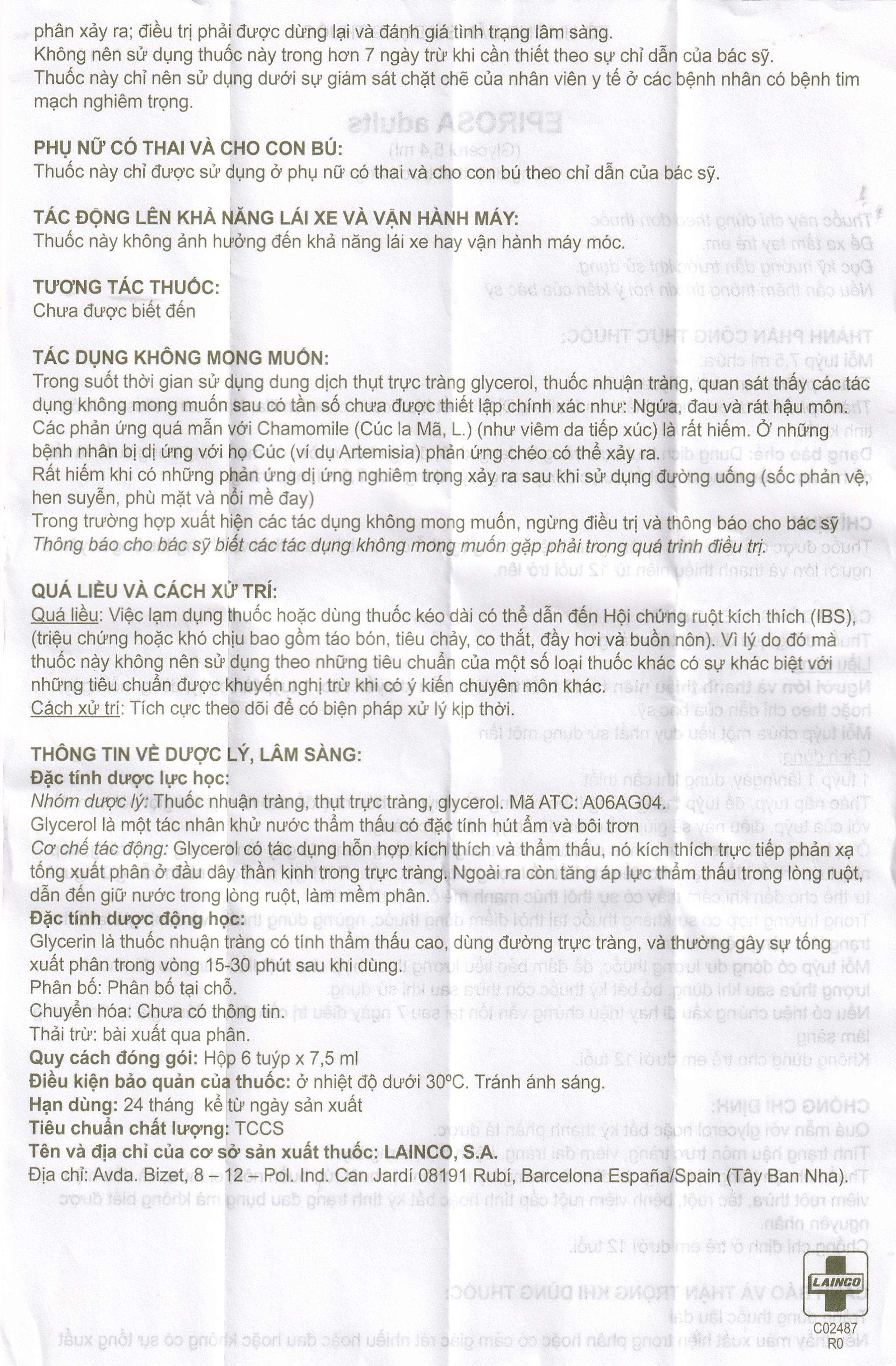 Dung dịch thụt trực tràng Epirosa Adults Lainco giảm triệu chứng táo bón (6 tuýp x 7.5ml)