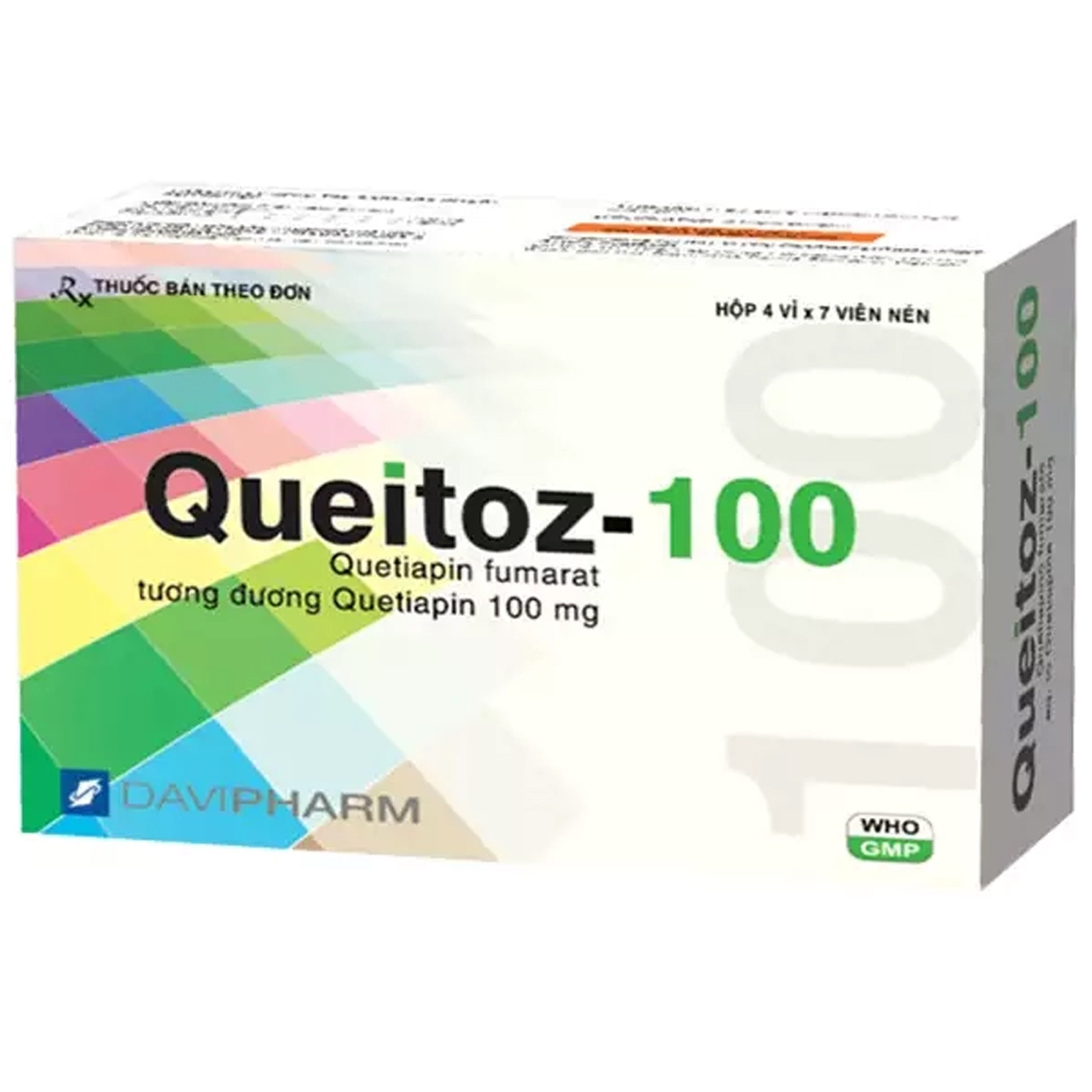 Thuốc Queitoz 100 Davipharm điều trị tâm thần phân liệt, rối loạn lưỡng cực (4 vỉ x 7 viên)