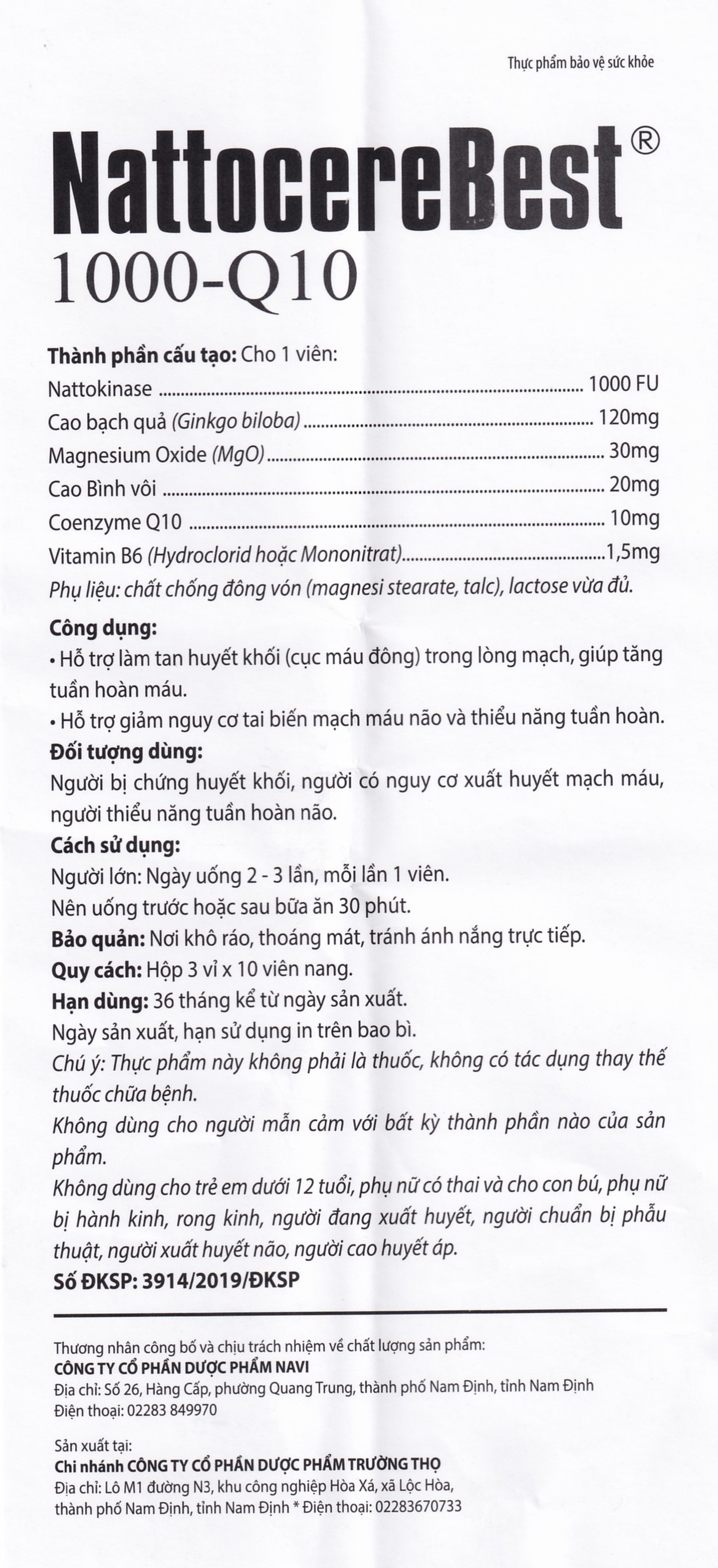 Viên uống hỗ trợ làm tan huyết khối giảm nguy cơ tai biến mạch máu não NattocereBest 1000-Q10 (3 vỉ x 10 viên)