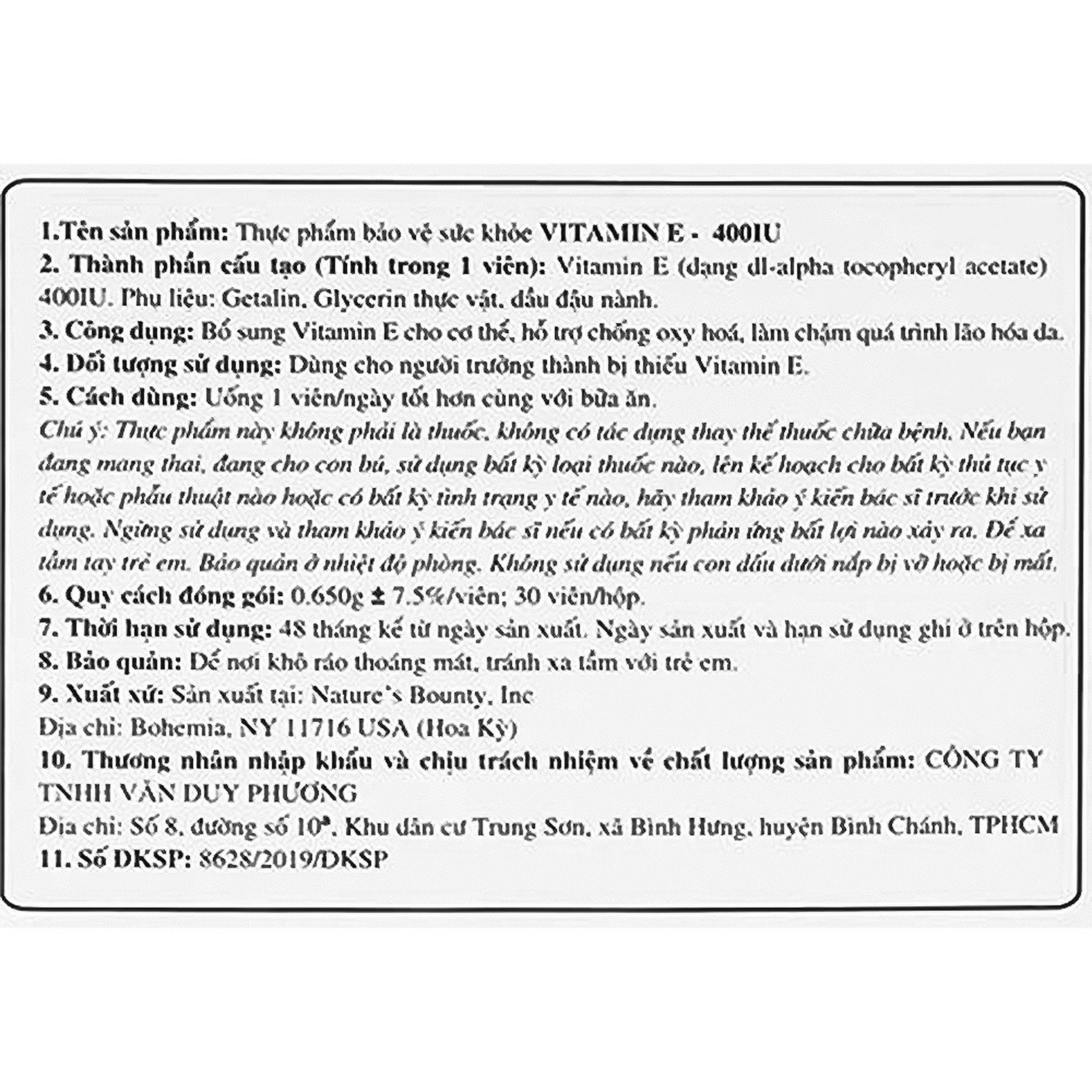 Viên uống Vitamin E 400IU Nature's Bounty hỗ trợ chống oxy hóa, làm chậm quá trình lão hóa da (30 viên)