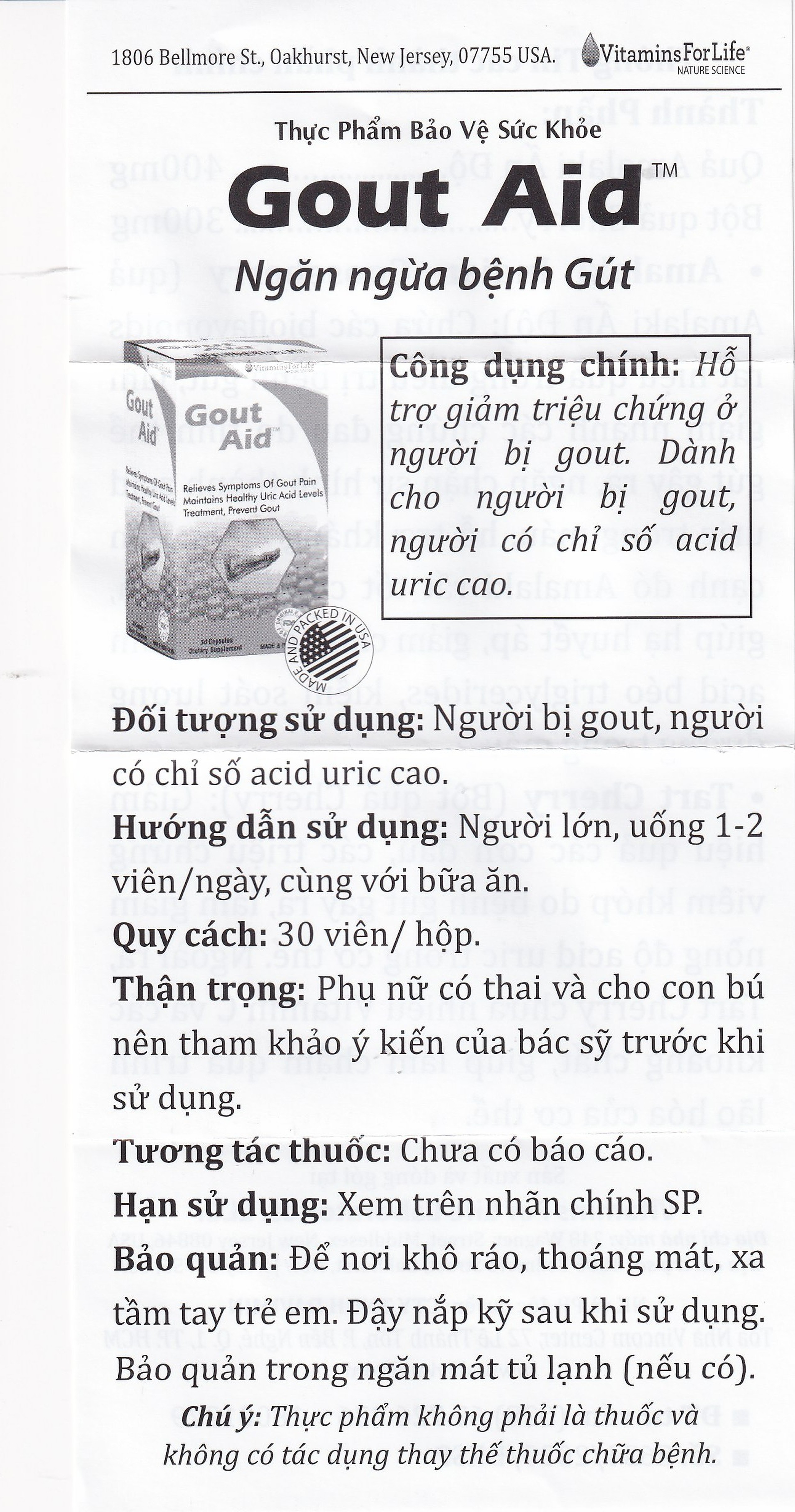 Viên uống hỗ trợ giảm đau cho người bị gout Gout Aid Vitamins For Life (30 viên)