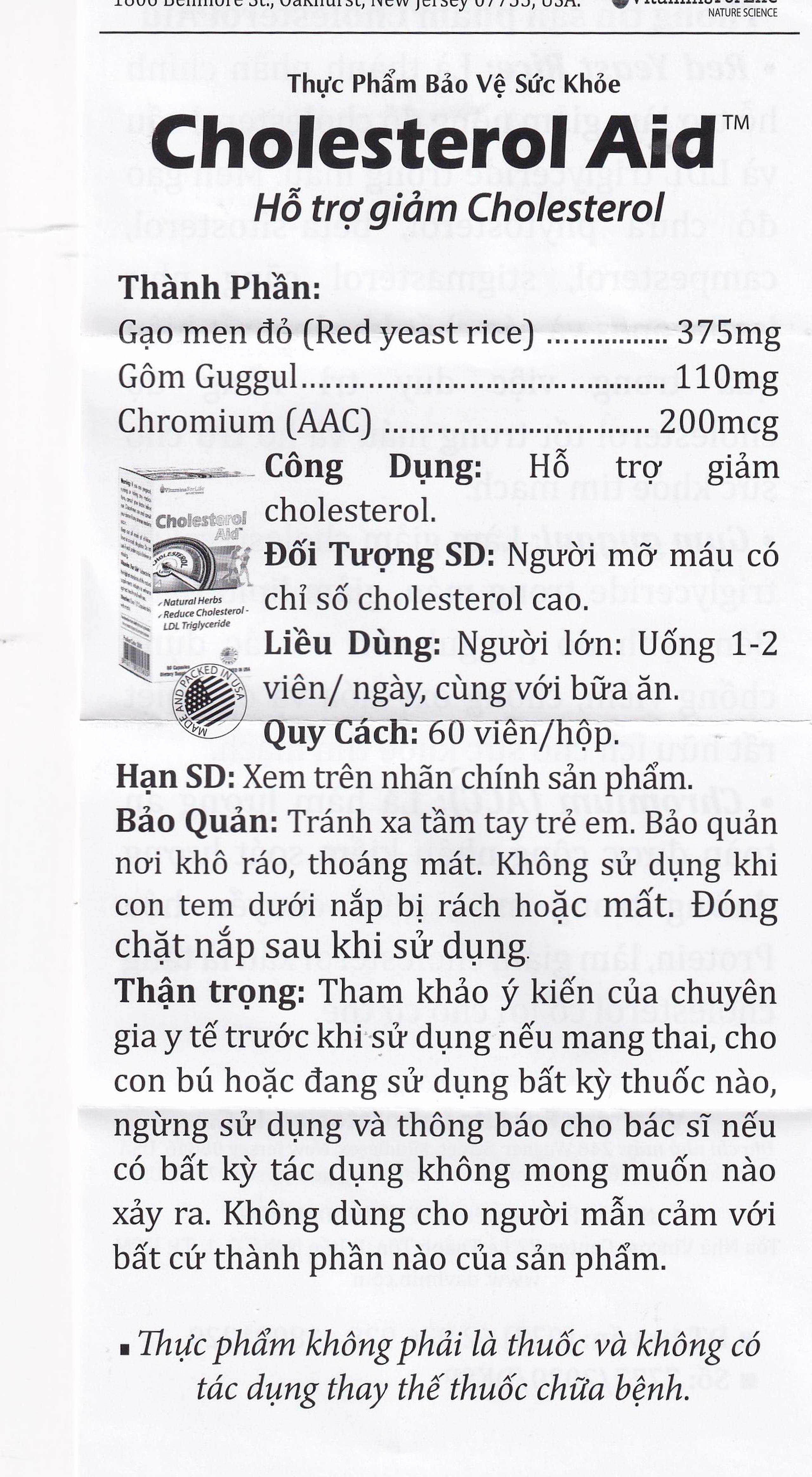 Viên uống hỗ trợ giảm cholesterol Cholesterol Aid Vitamins For Life (60 viên)