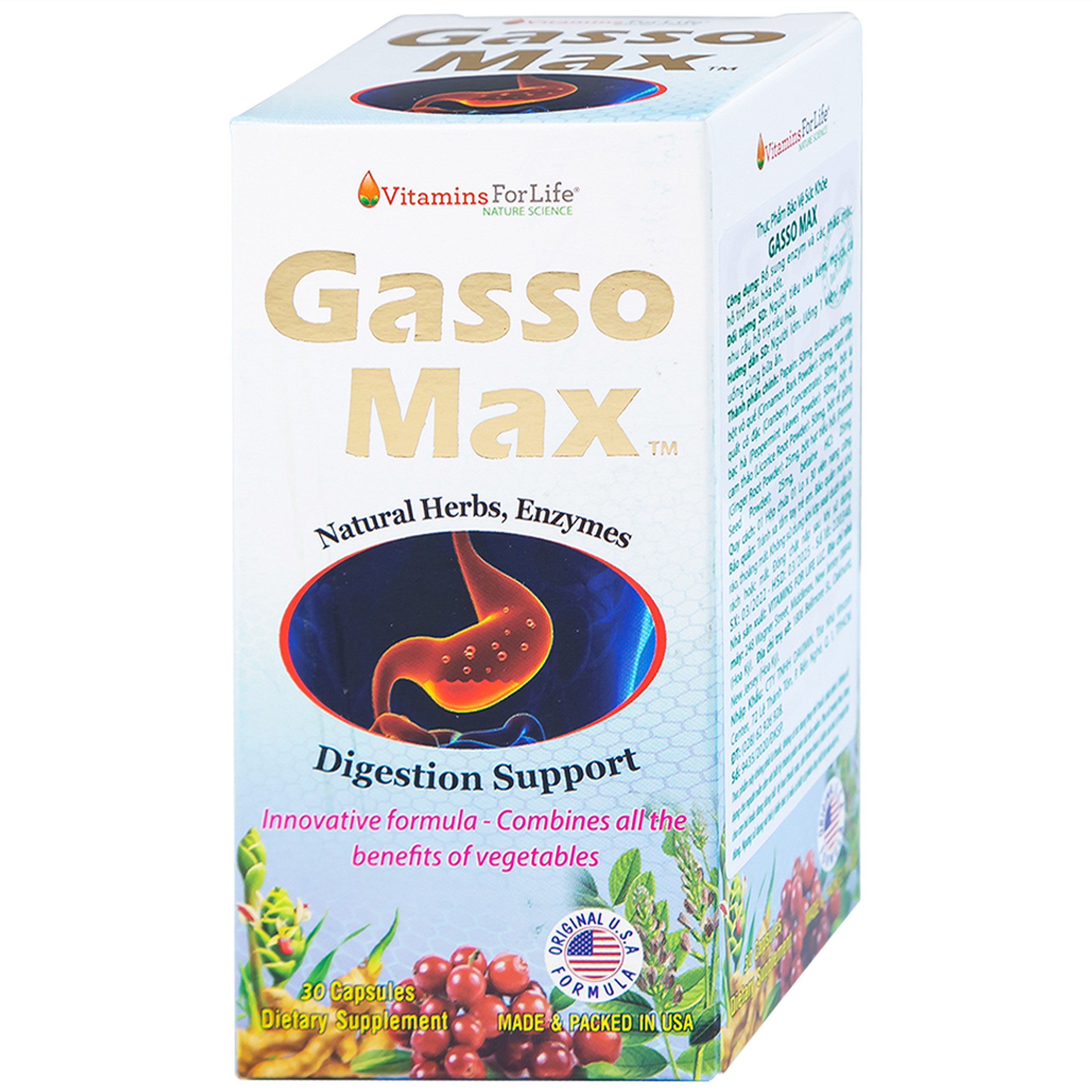 Viên uống bổ sung enzyme và các thảo mộc hỗ trợ tiêu hóa tốt Gasso Max Vitamins For Life (30 viên)