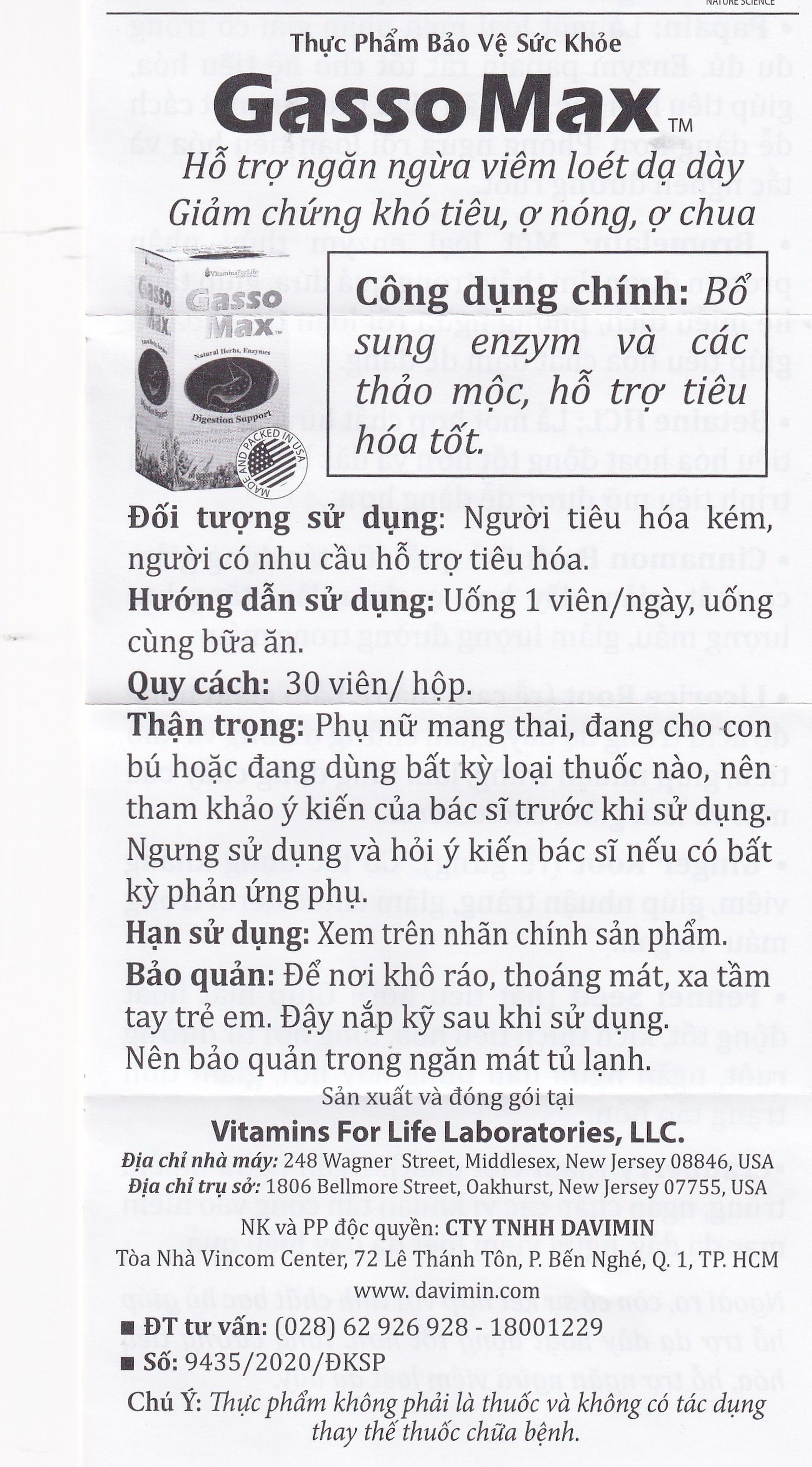 Viên uống bổ sung enzyme và các thảo mộc hỗ trợ tiêu hóa tốt Gasso Max Vitamins For Life (30 viên)