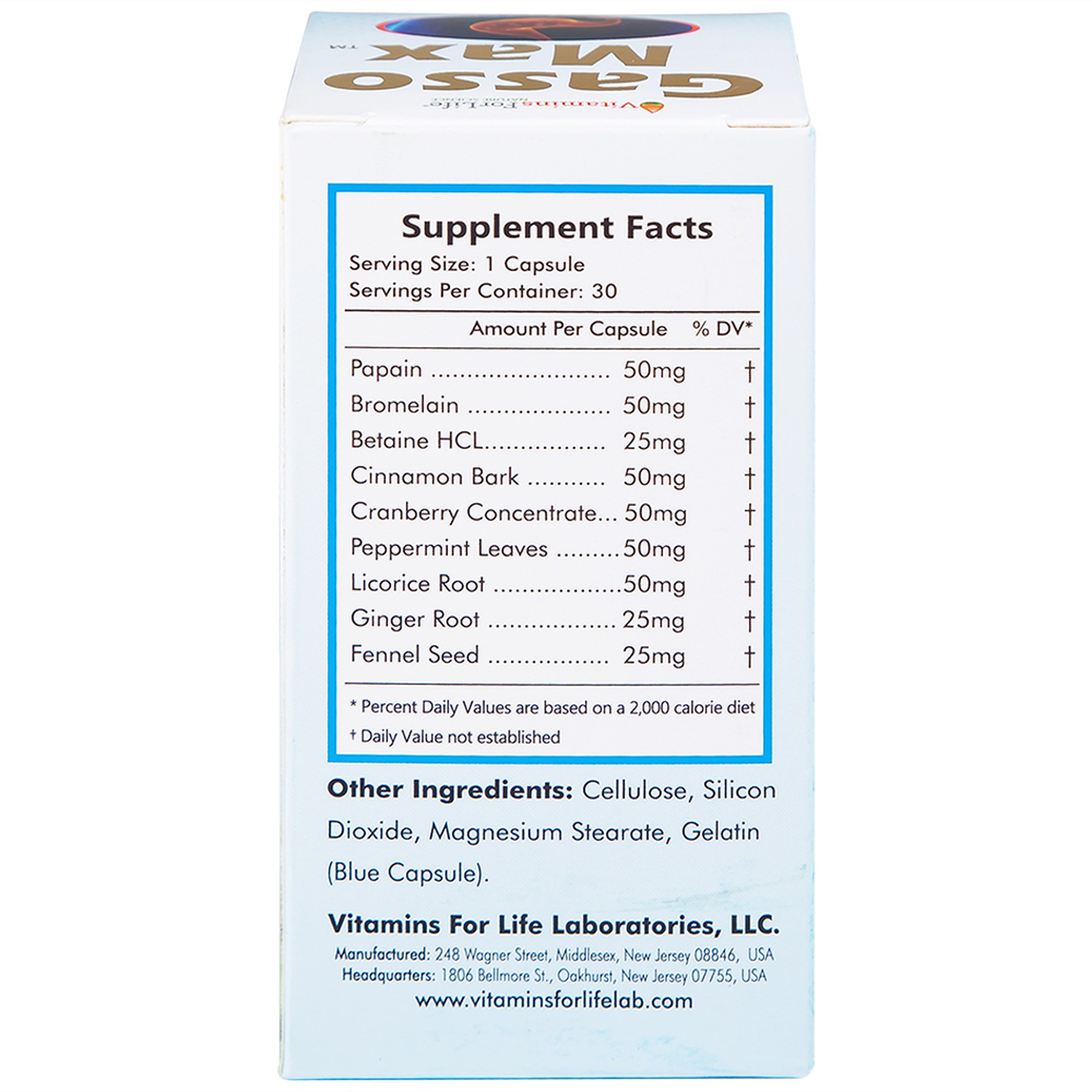 Viên uống bổ sung enzyme và các thảo mộc hỗ trợ tiêu hóa tốt Gasso Max Vitamins For Life (30 viên)