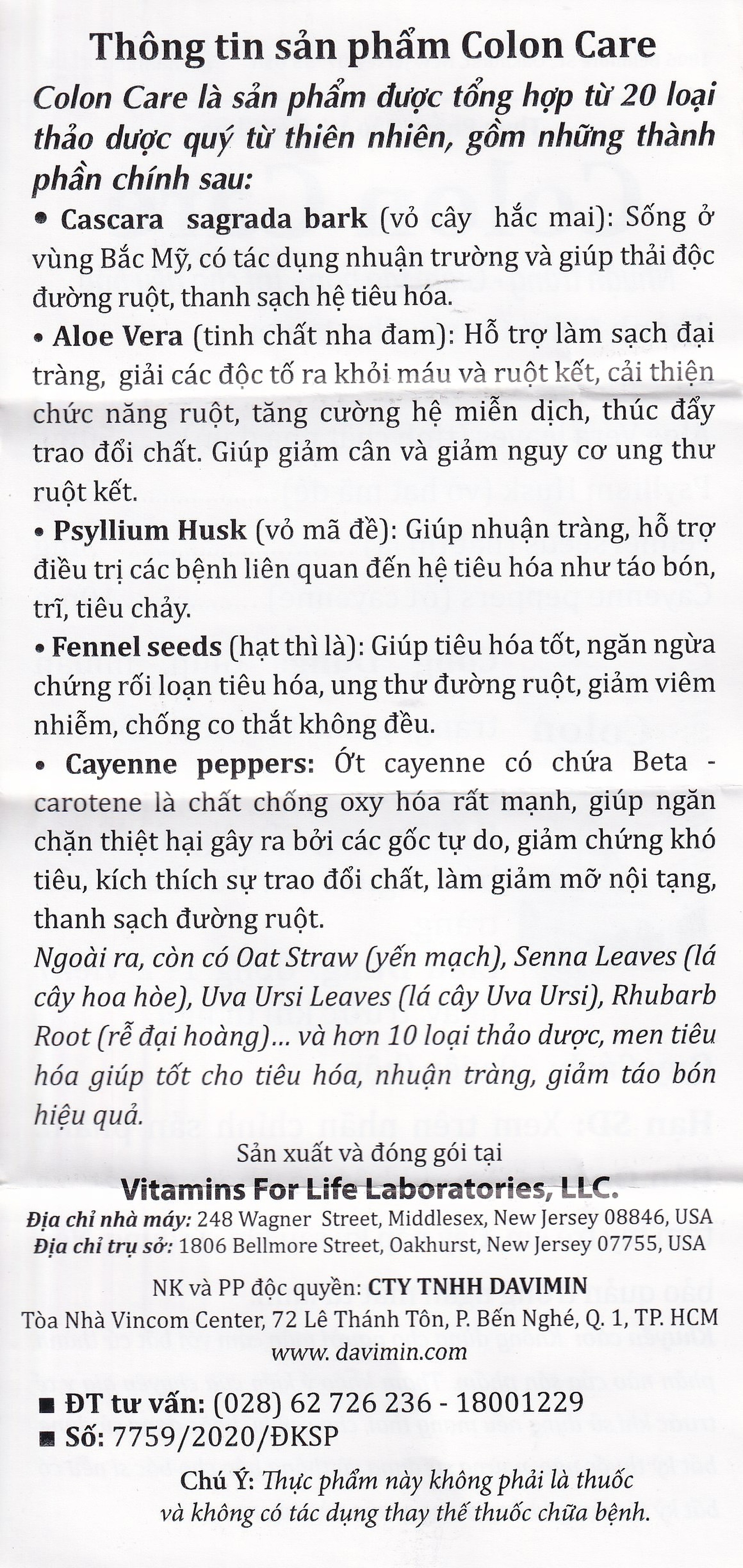 Viên uống Colon Care Vitamins For Life giúp nhuận tràng, giảm táo bón (60 viên)