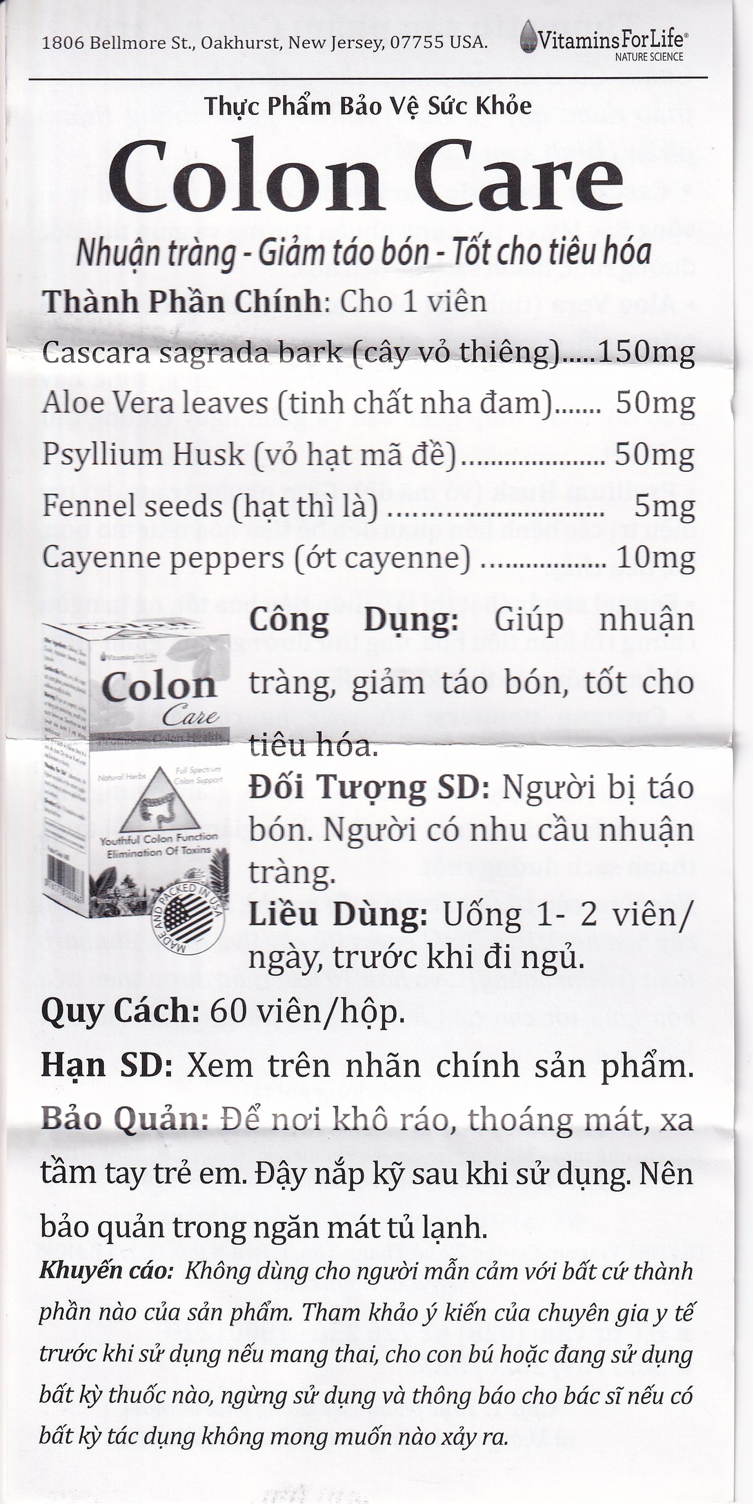 Viên uống Colon Care Vitamins For Life giúp nhuận tràng, giảm táo bón (60 viên)