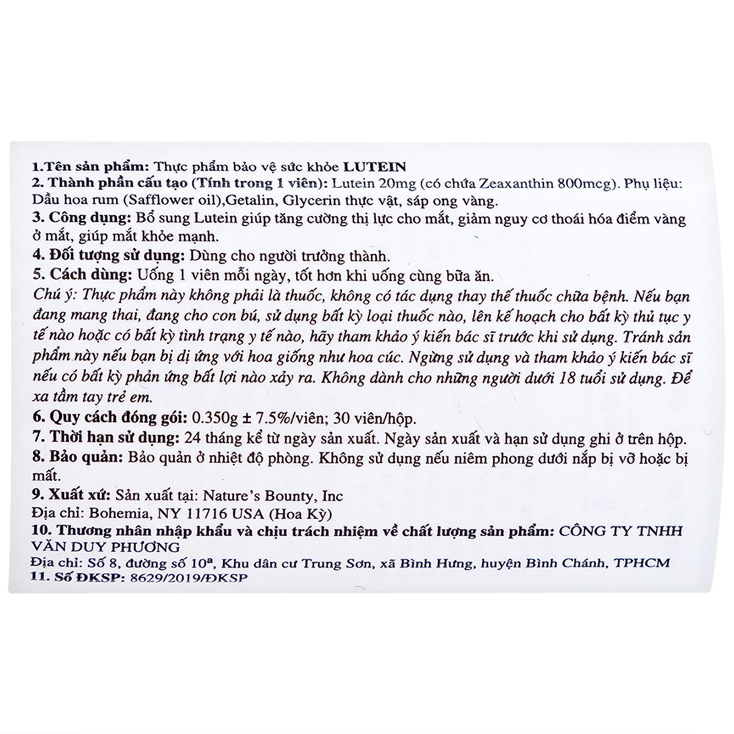 Viên uống giúp tăng cường thị lực cho mắt, giúp mắt khỏe mạnh Lutein Nature's Bounty (30 viên)