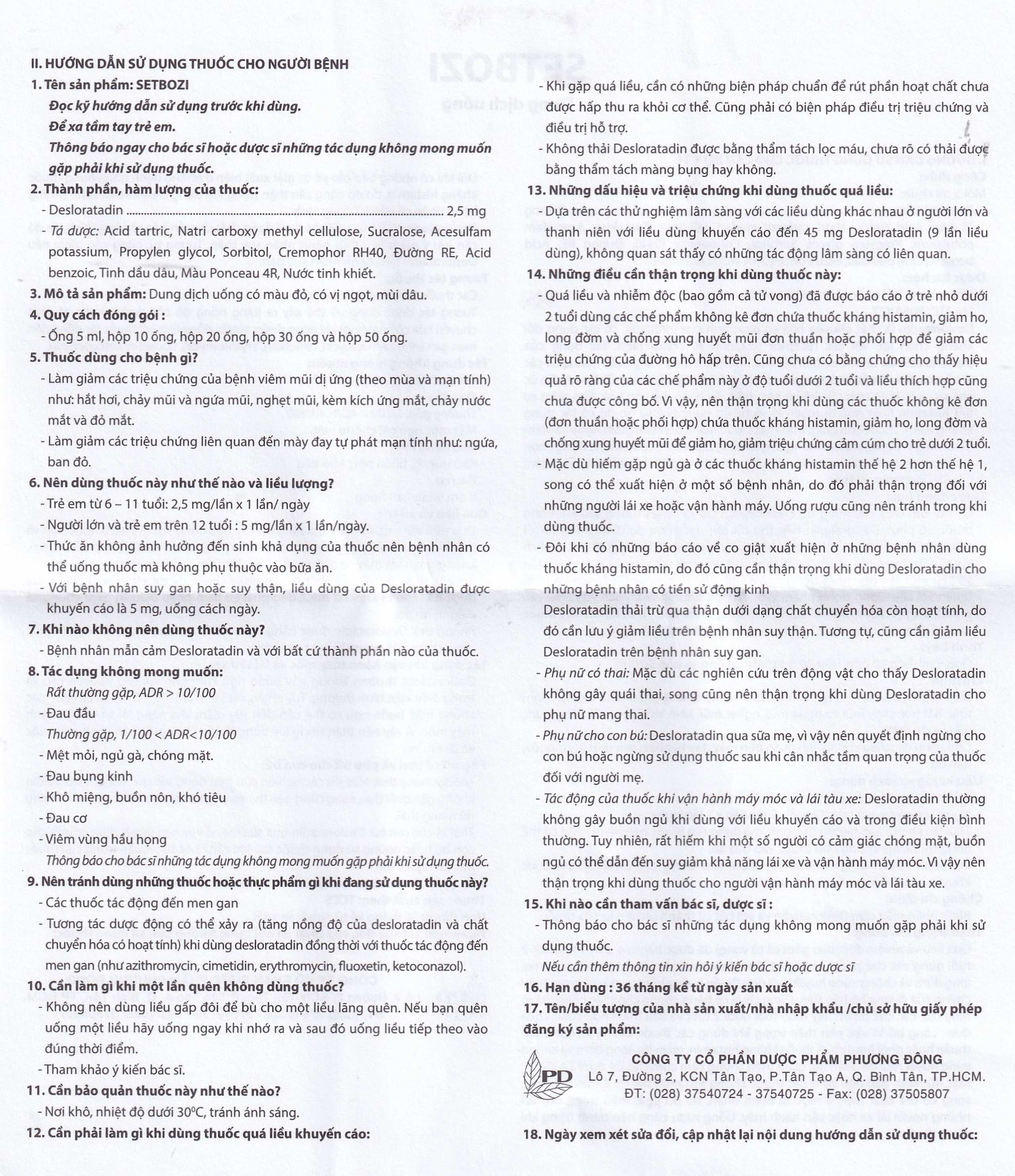 Dung dịch Setbozi Stick giảm các triệu chứng hắt hơi, sổ mũi (20 ống x 5ml) 