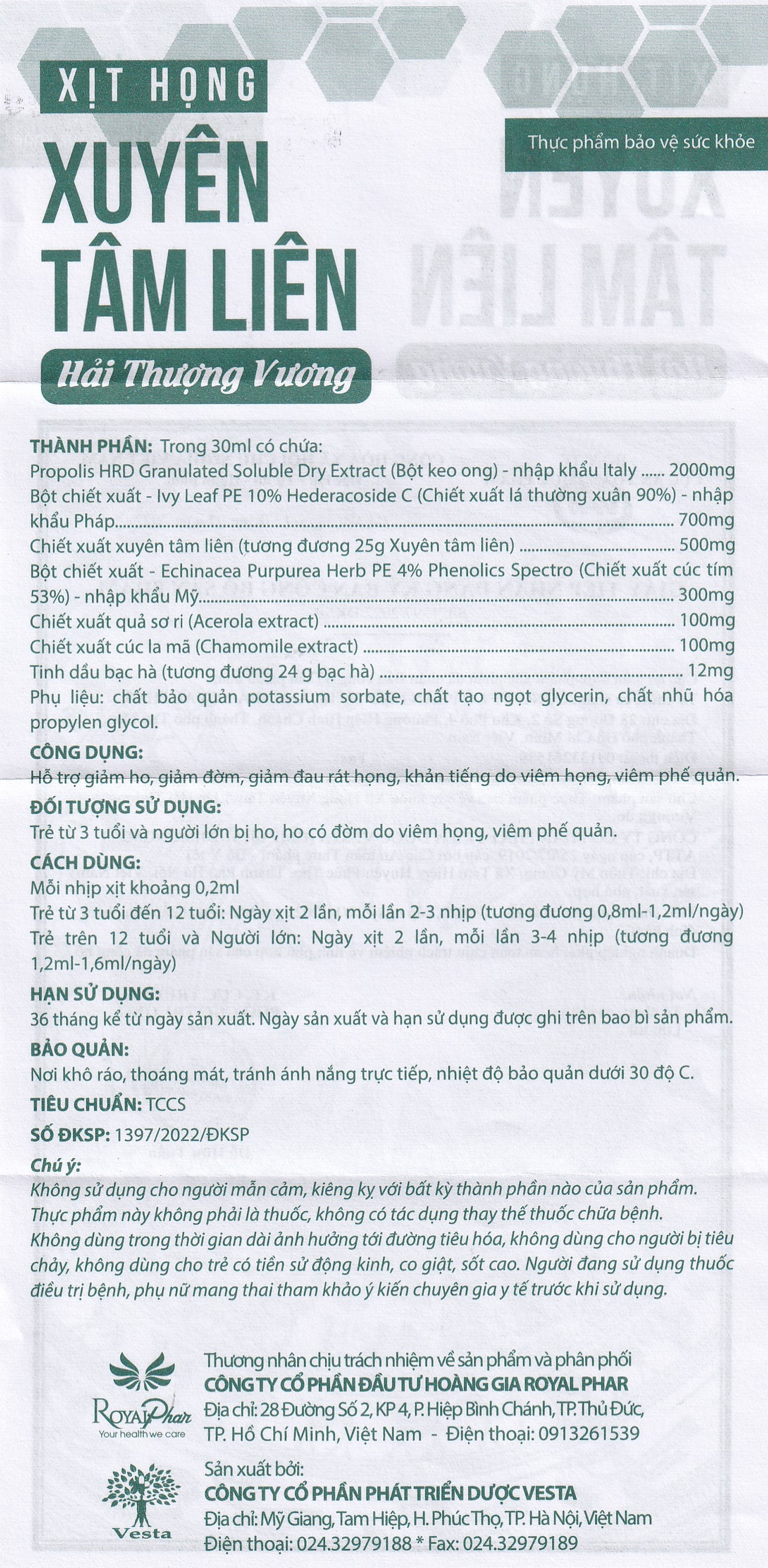 Chai xịt họng hỗ trợ giảm ho, giảm đờm, giảm đau rát họng Xuyên Tâm Liên Hải Thượng Vương (30ml)