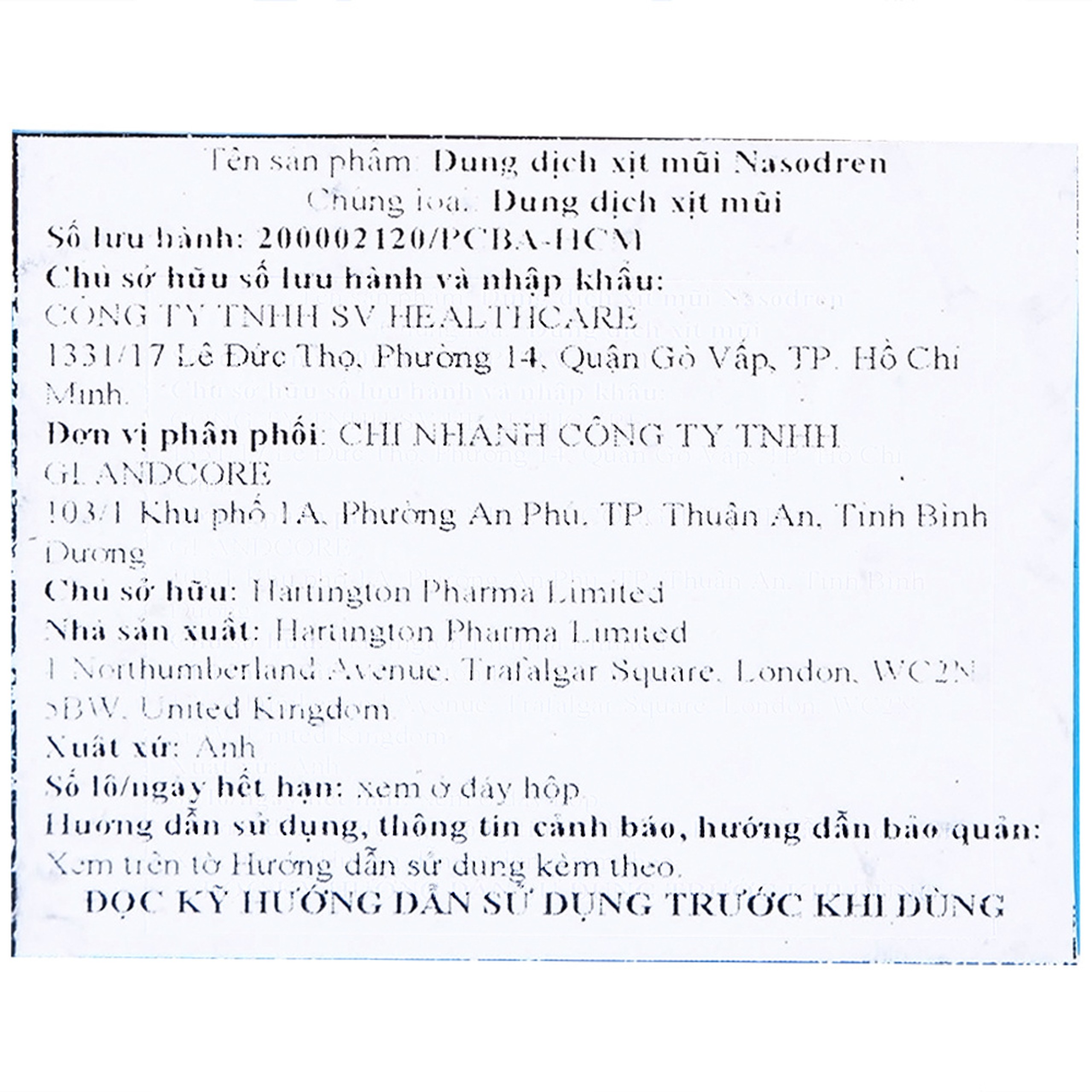 Xịt mũi xoang Nasodren Hartington 50mg giúp làm sạch mũi xoang, giảm triệu chứng viêm xoang cấp và mãn tính