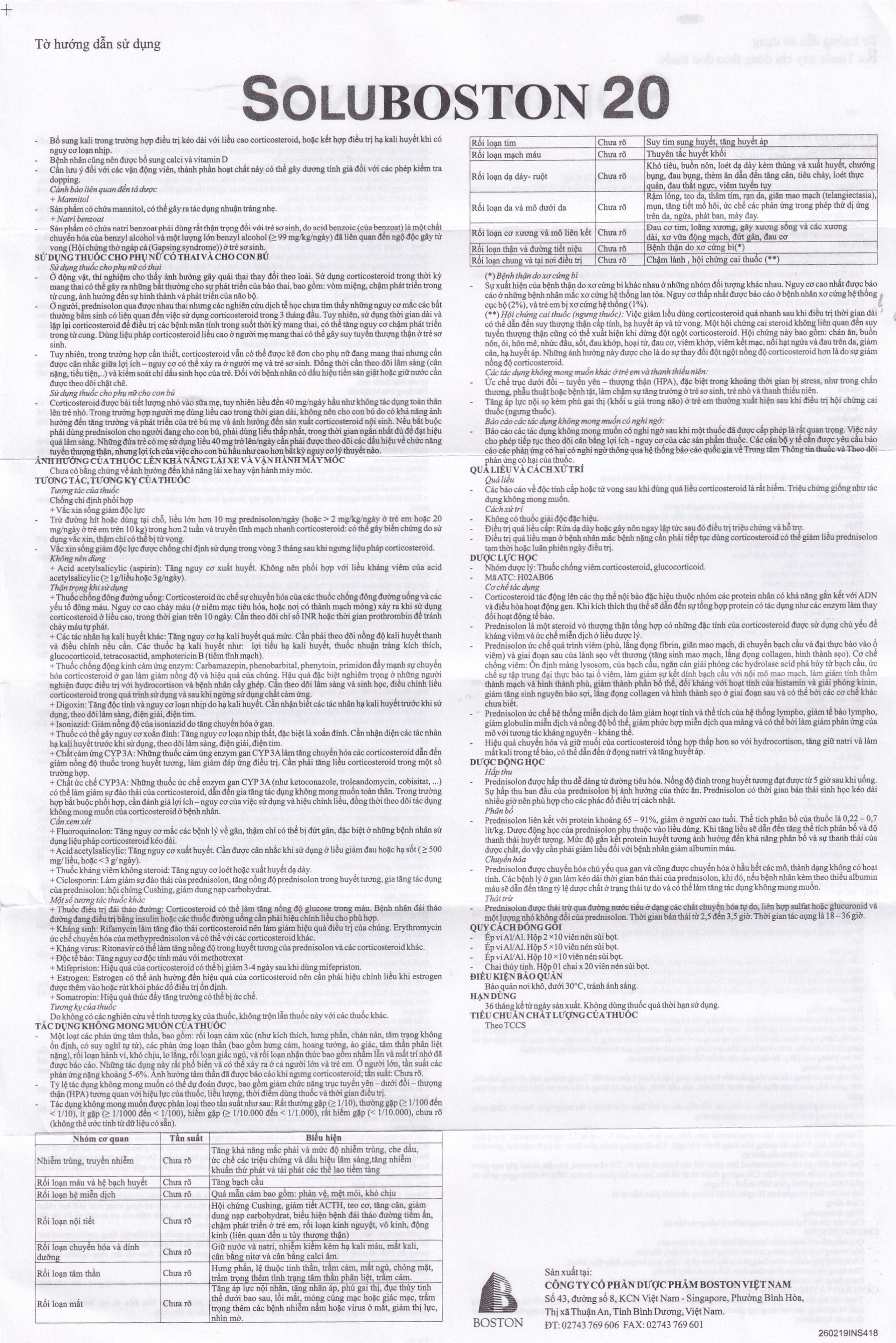 Viên sủi Soluboston 20 Boston điều trị giảm tình trạng viêm, dị ứng (2 vỉ x 10 viên)