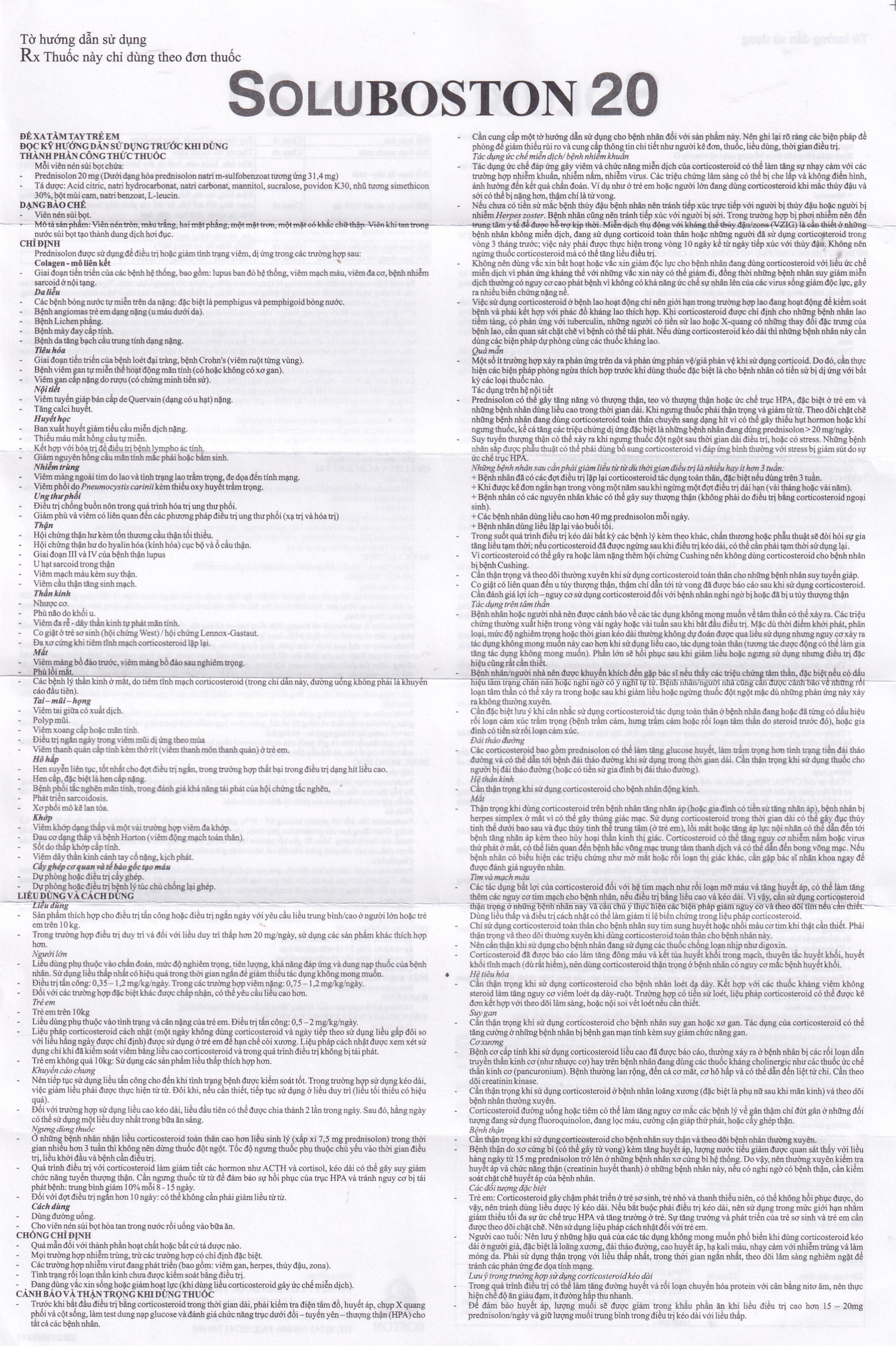 Viên sủi Soluboston 20 Boston điều trị giảm tình trạng viêm, dị ứng (2 vỉ x 10 viên)