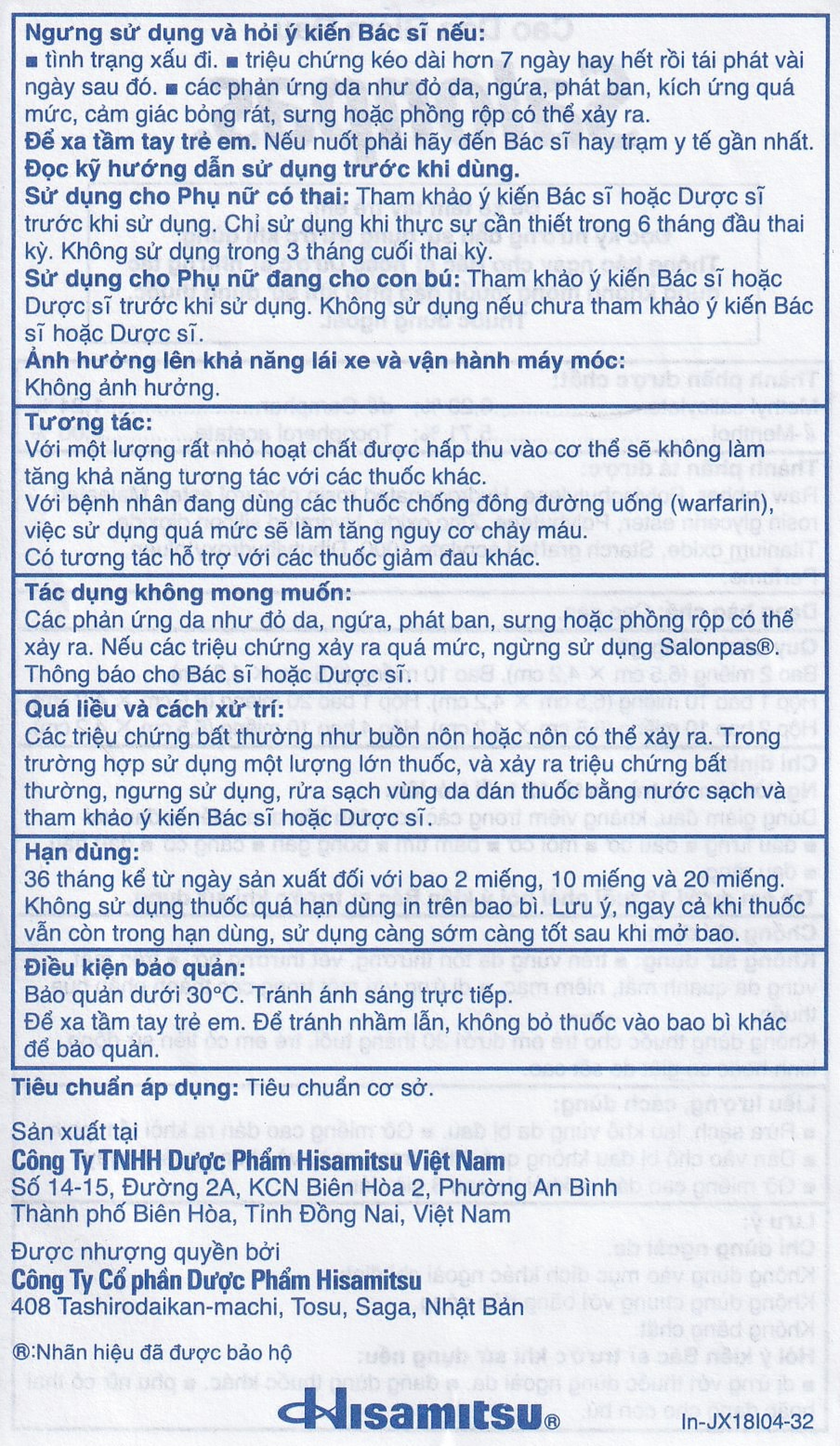 Cao dán Salonpas Hisamitsu giảm đau vai, đau lưng, đau cơ (24 gói x 10 miếng)