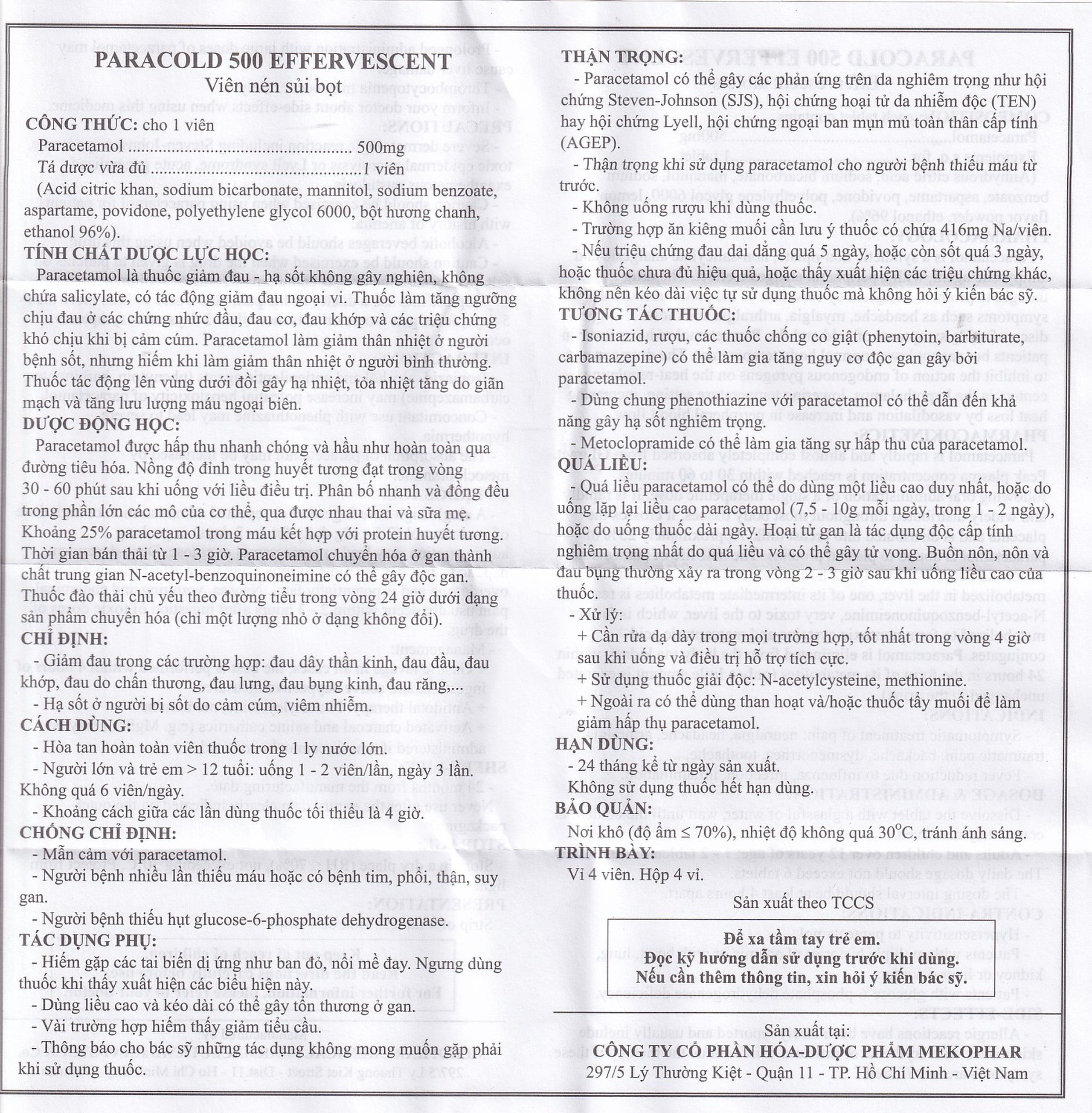 Viên sủi Paracold 500 Effervescent Mekophar giảm đau thần kinh, đau đầu, đau khớp (4 vỉ x 4 viên)