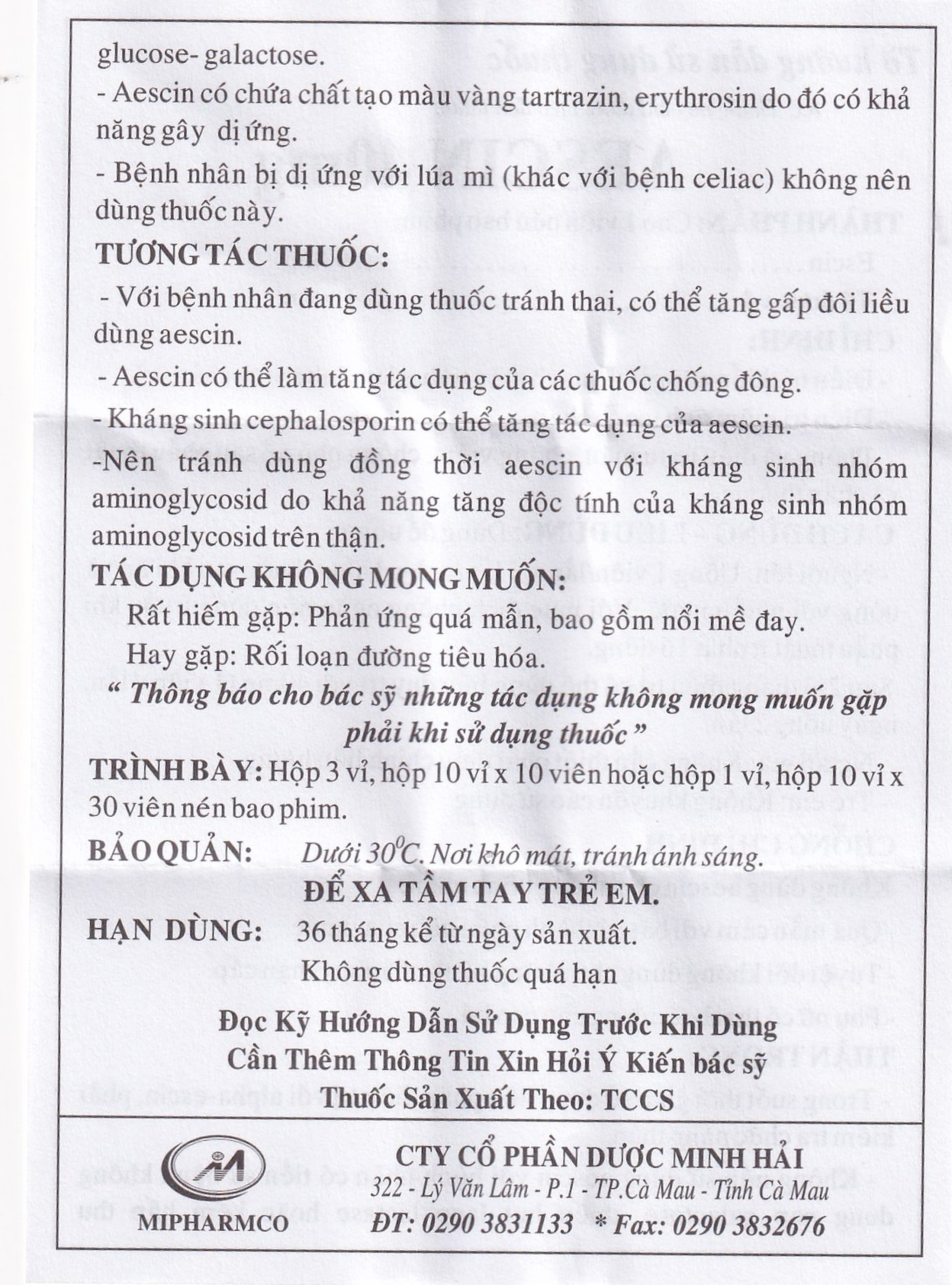 Viên nén Aescin 40mg Minh Hải điều trị thiểu năng tĩnh mạch, tụ máu (3 vỉ x 10 viên)