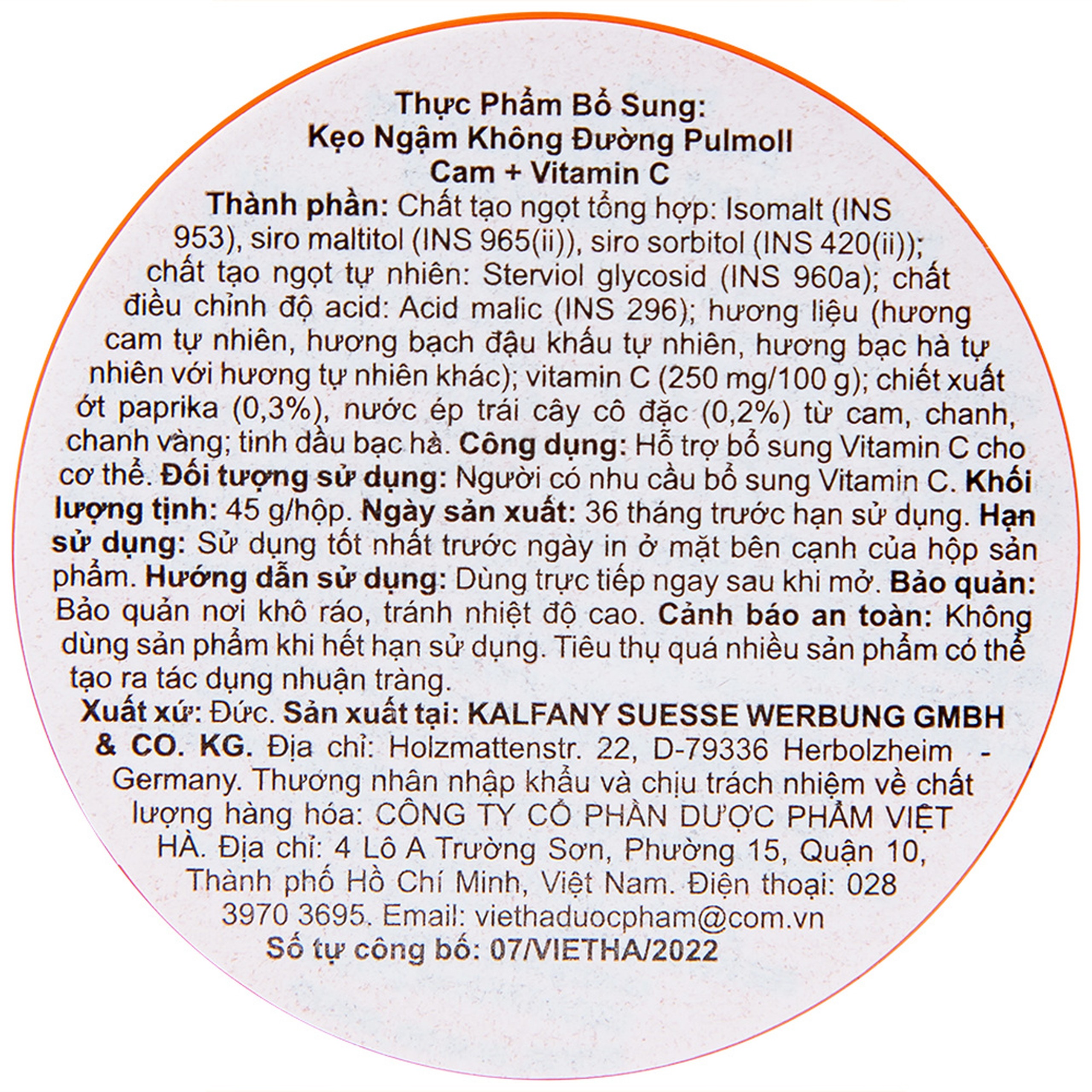 Kẹo Ngậm Không Đường Vị Cam Và Vitamin C Pulmoll (45g)