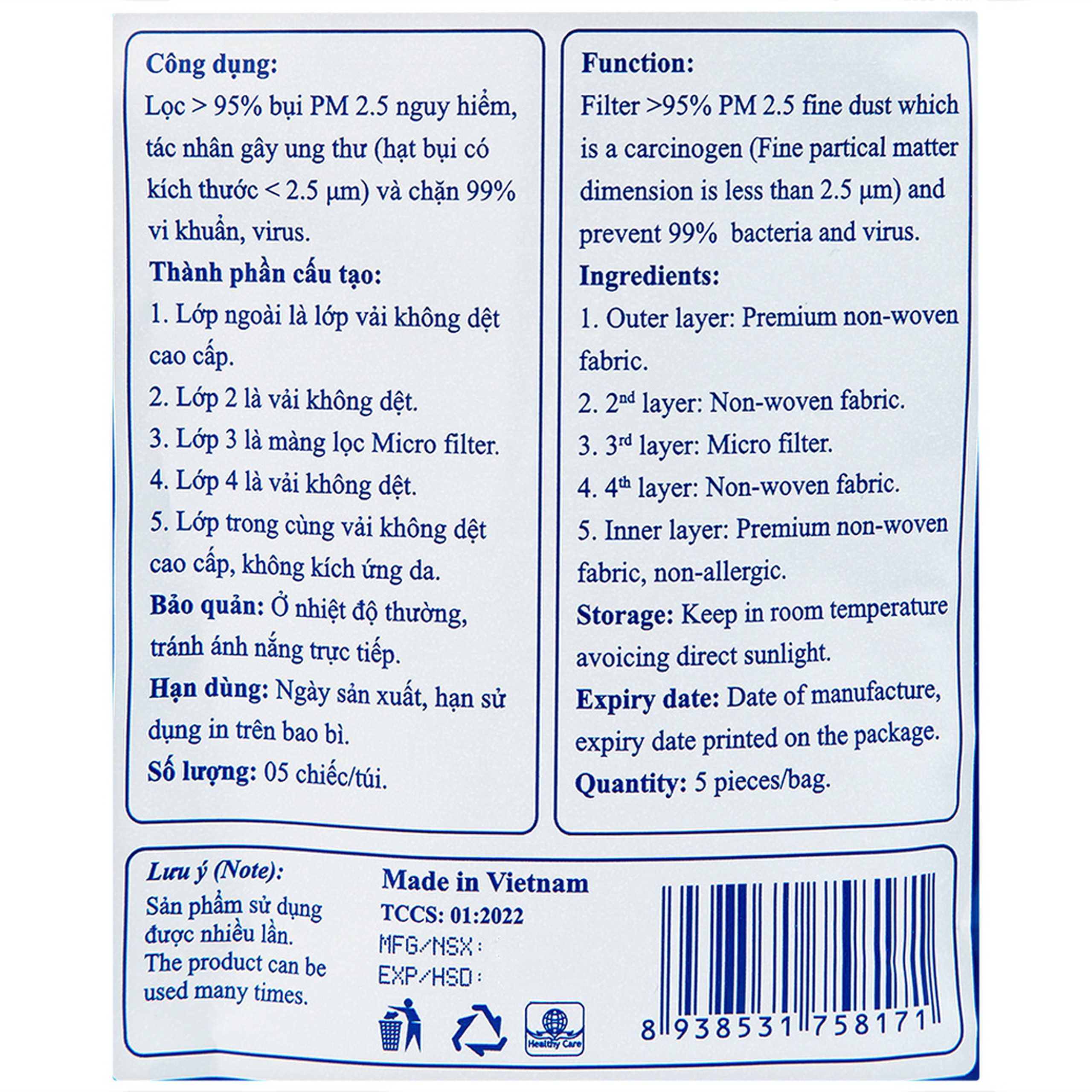 Khẩu trang 5 lớp Jomi 4D N95 màu trắng (5 cái) ngăn bụi mịn PM 2.5, ngăn ngừa 99% vi khuẩn