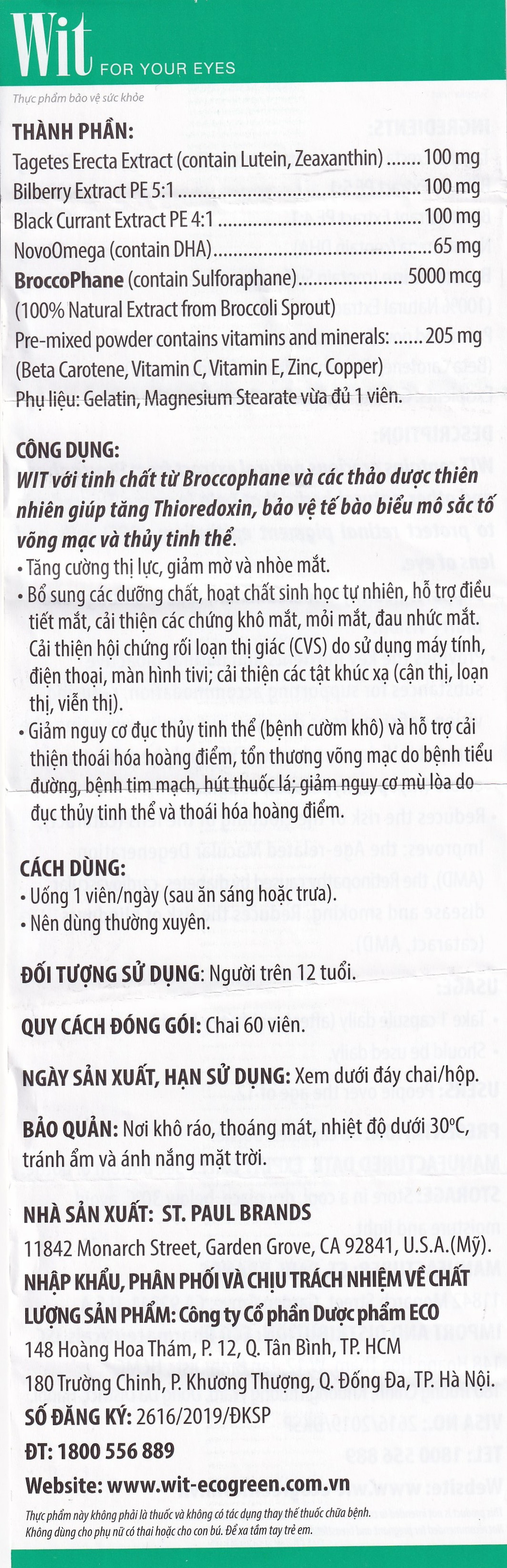 Viên nang WIT For Your Eyes Ecogreen tăng cường thị lực, giảm mờ và nhòe mắt (60 viên)