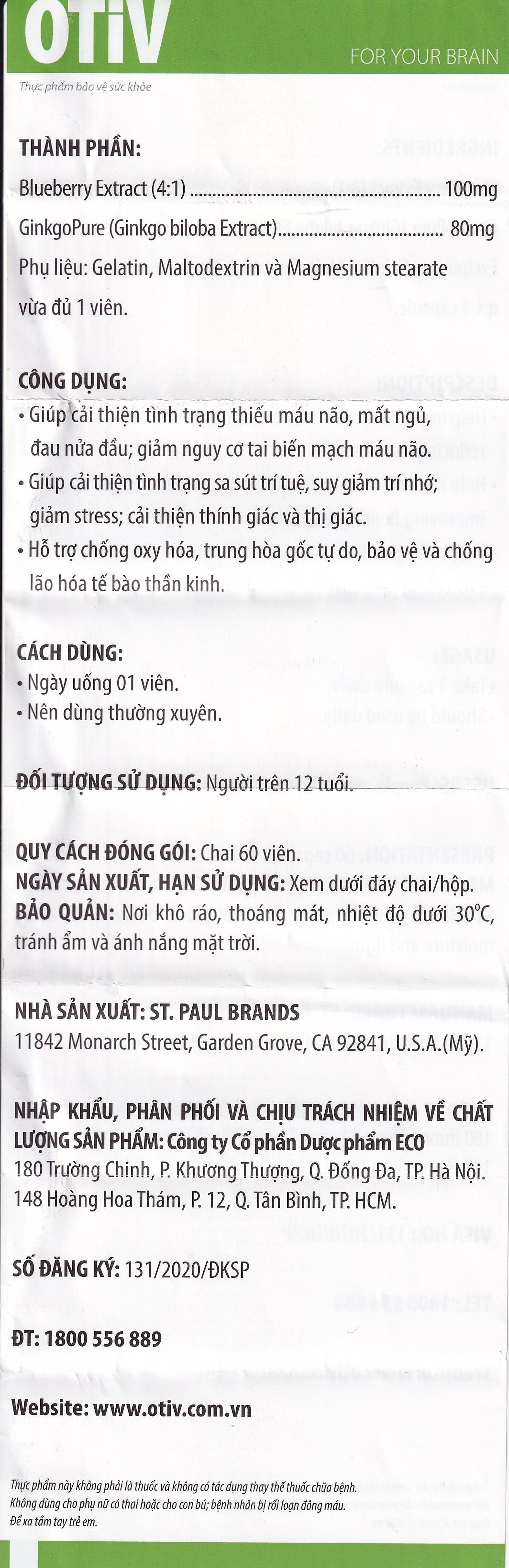 Viên uống OTiV Ecogreen giúp tăng cường dưỡng chất cho não (60 viên)