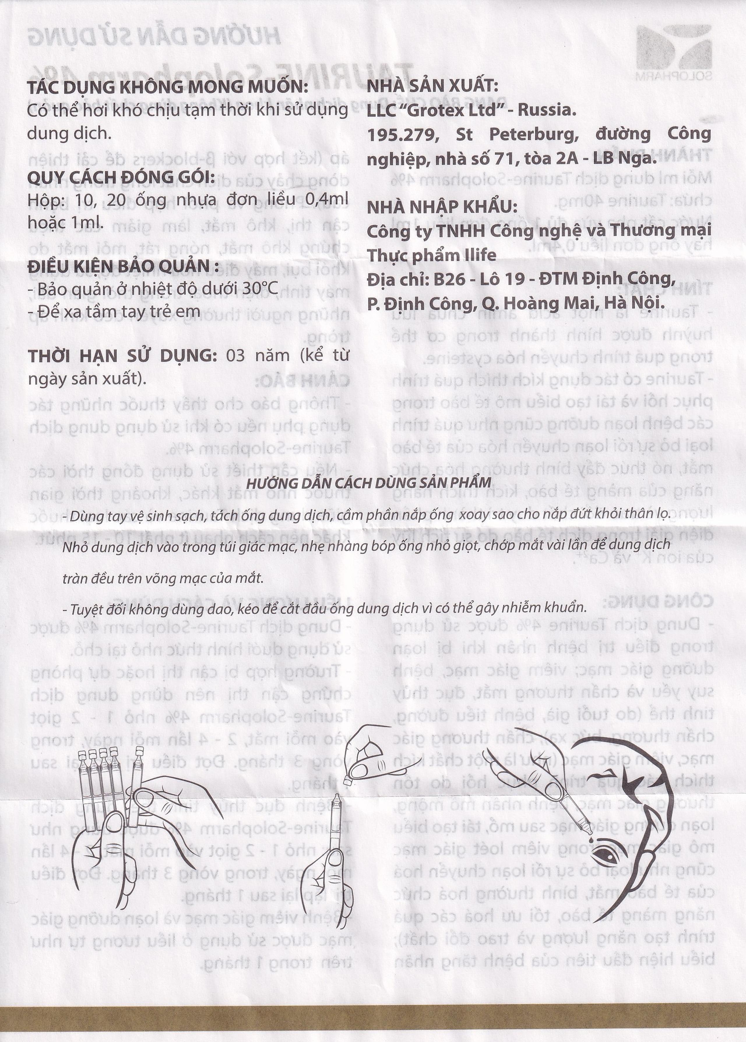 Nhỏ mắt Taurine Solopharm 4% (20 tuýp x 0.4ml) hỗ trợ điều trị loạn dưỡng giác mạc, viêm giác mạc