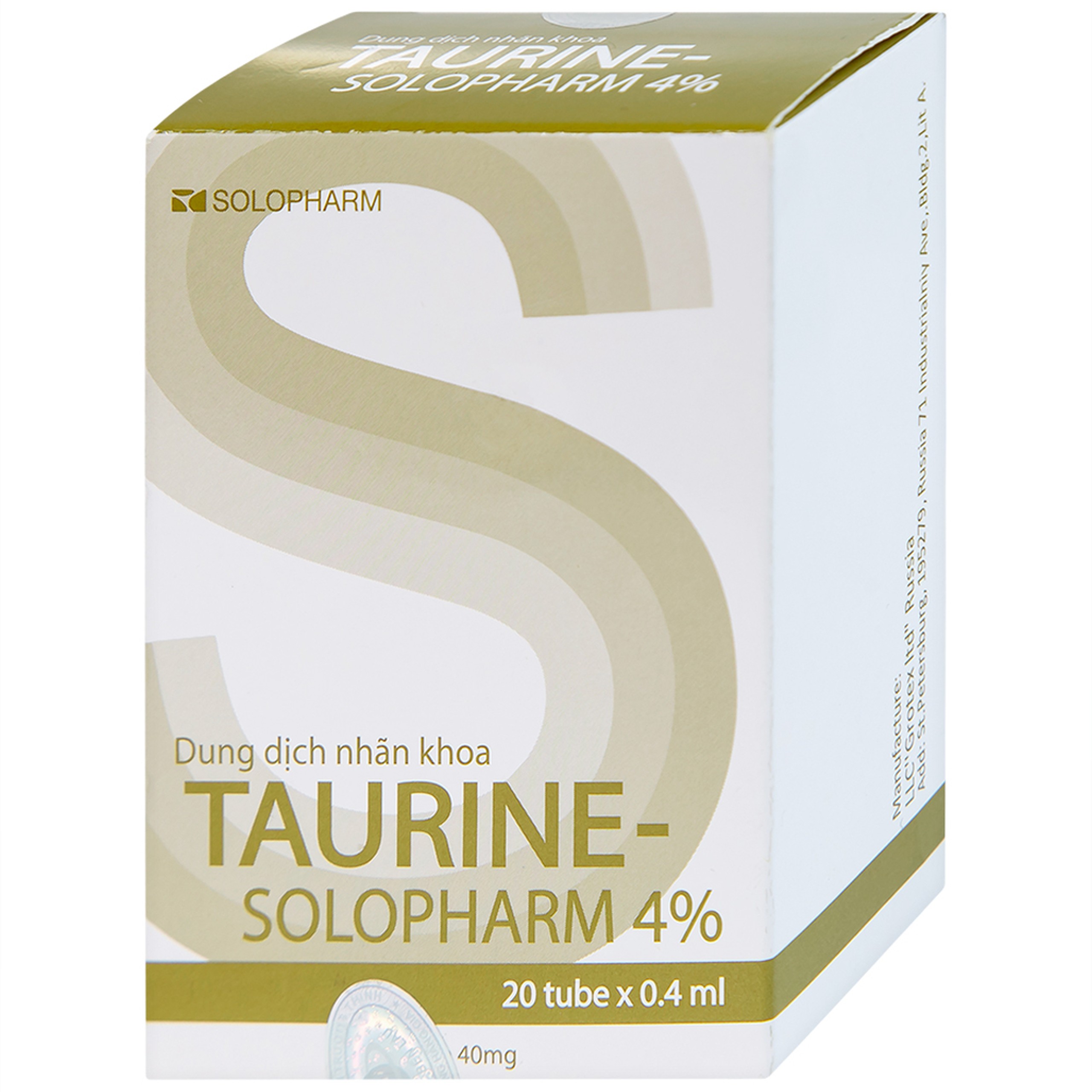 Nhỏ mắt Taurine Solopharm 4% (20 tuýp x 0.4ml) hỗ trợ điều trị loạn dưỡng giác mạc, viêm giác mạc