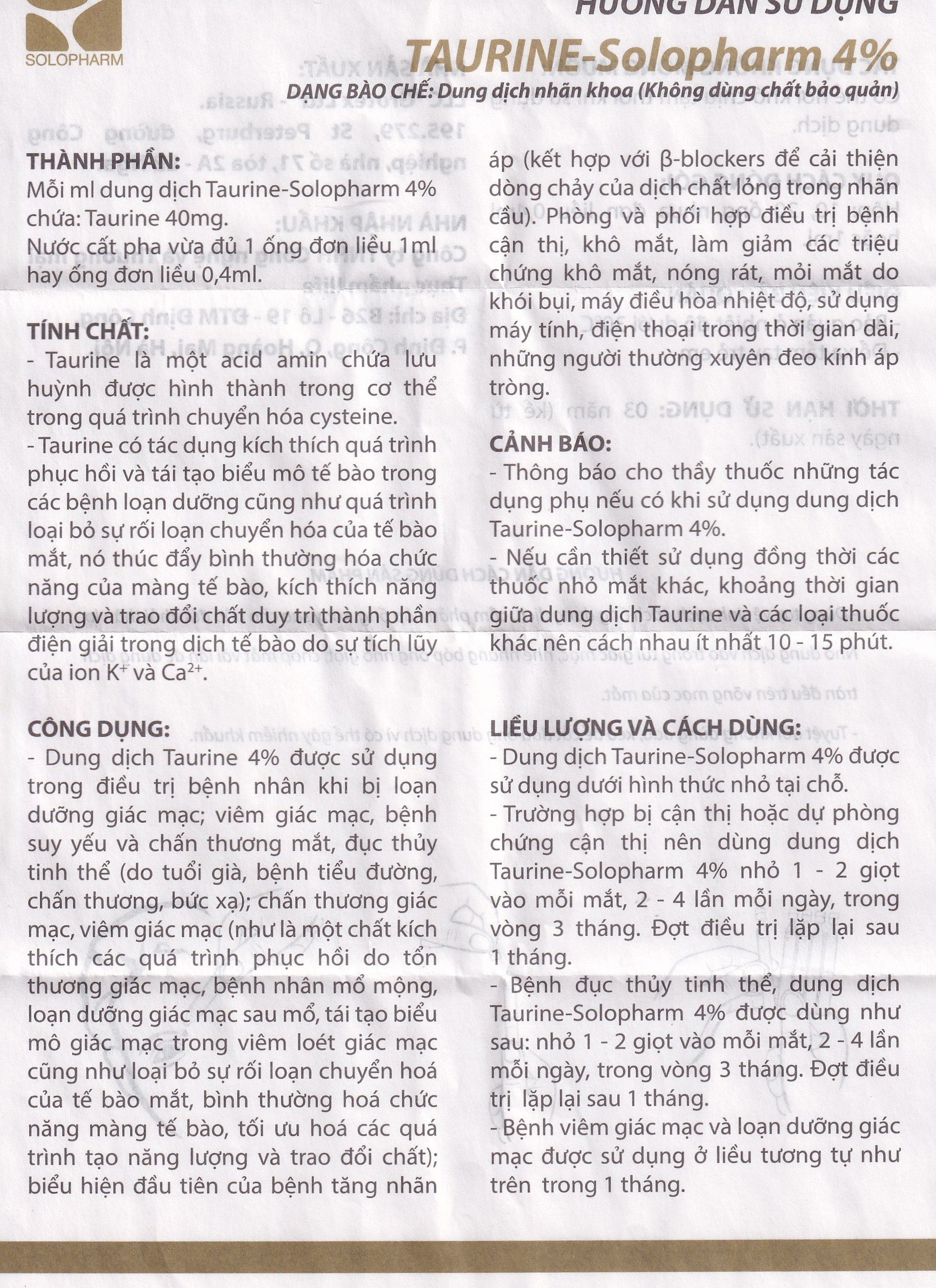 Nhỏ mắt Taurine Solopharm 4% (20 tuýp x 0.4ml) hỗ trợ điều trị loạn dưỡng giác mạc, viêm giác mạc