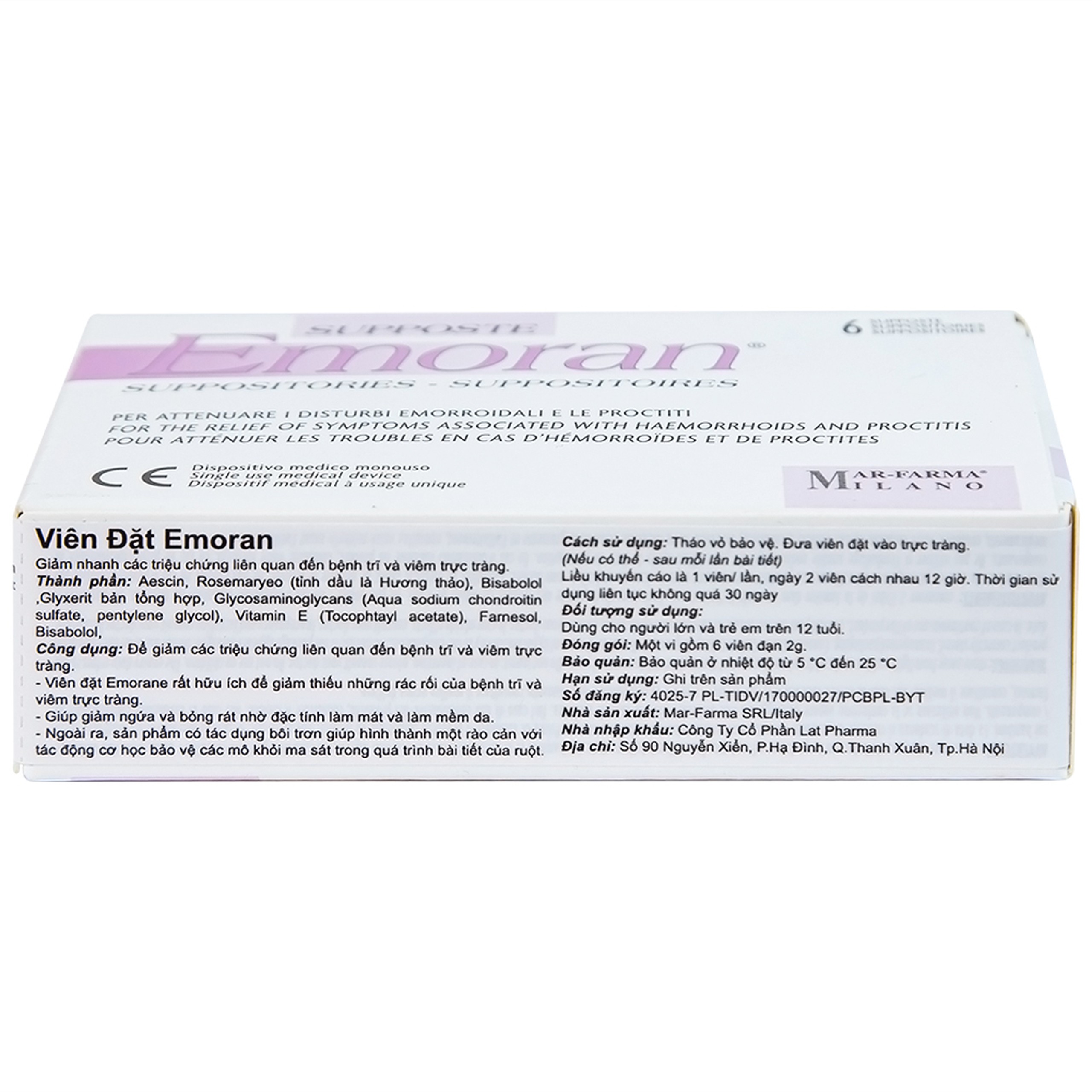 Viên đặt Supposte Emoran giảm các triệu chứng của bệnh trĩ, viêm trực tràng (6 viên)