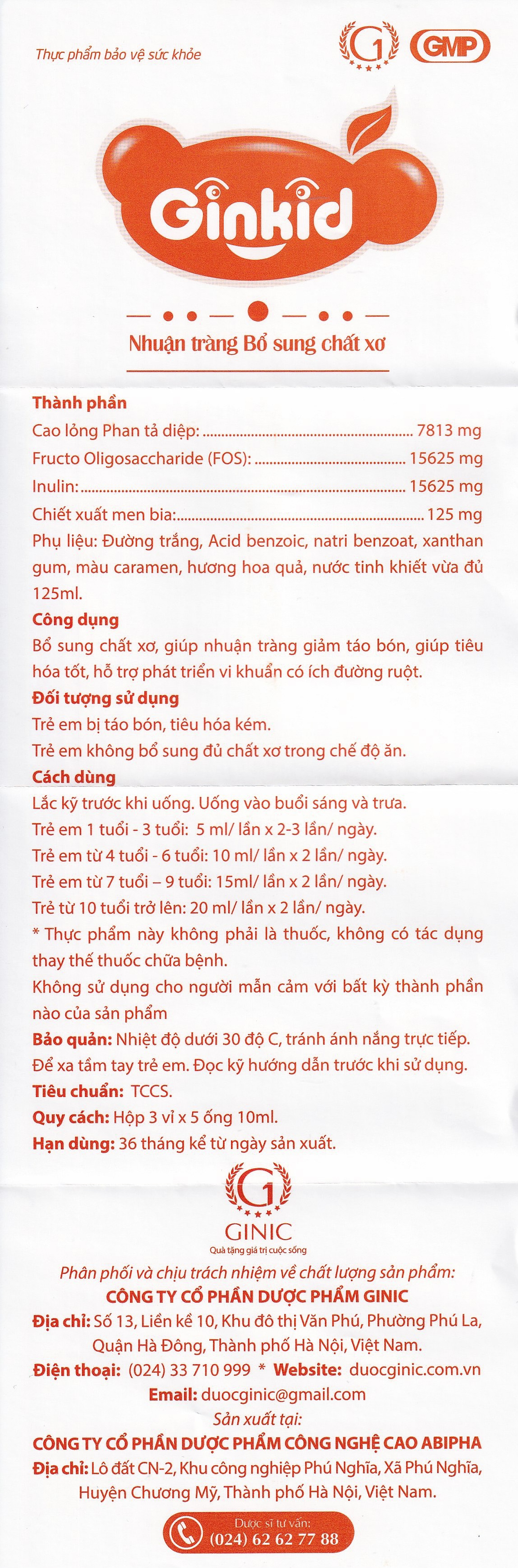 Siro Ginkid GINIC nhuận tràng, bổ sung chất xơ (3 vỉ x 5 ống x 10ml)