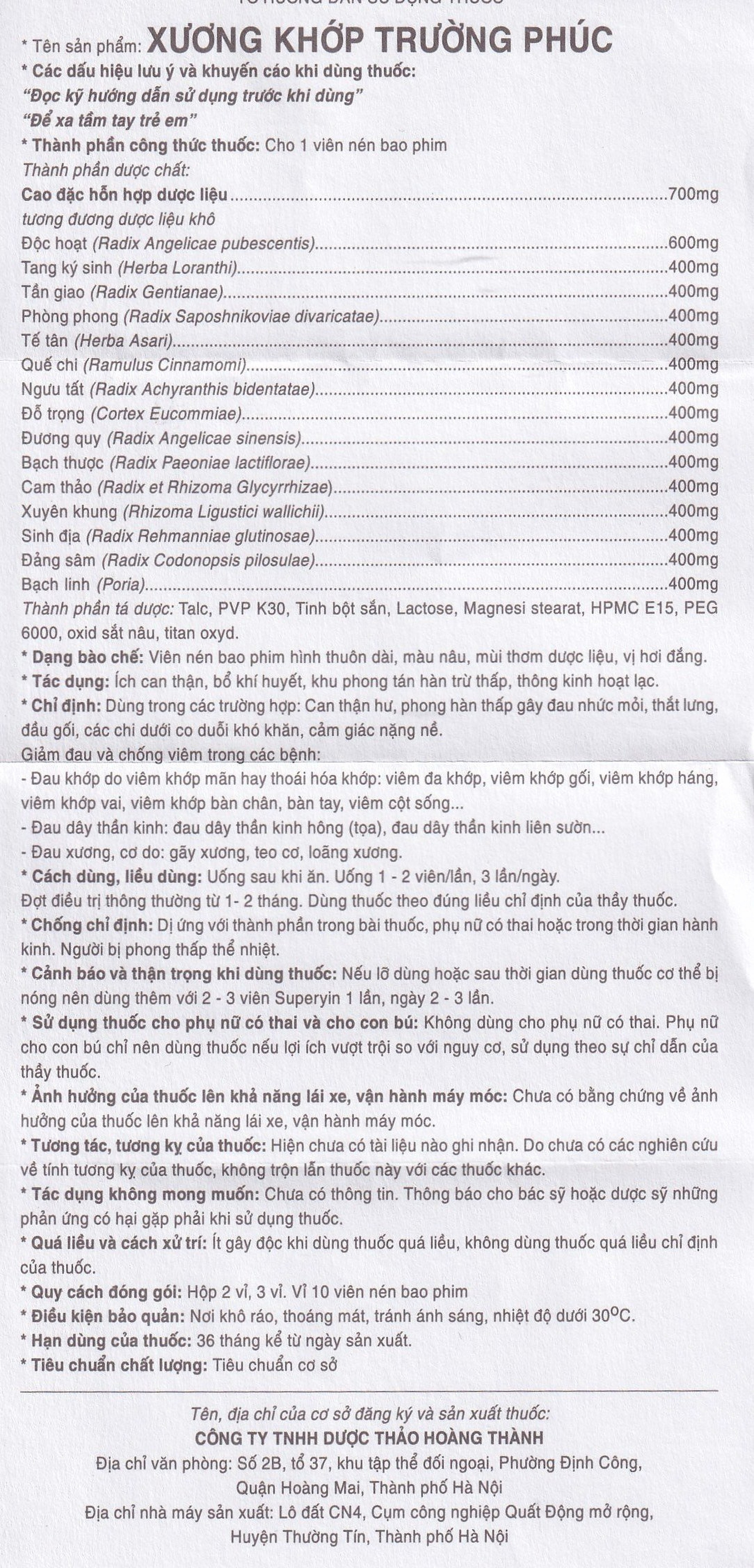 Thuốc Xương Khớp Trường Phúc điều trị các bệnh lý cơ xương khớp và đau dây thần kinh (2 vỉ x 10 viên)