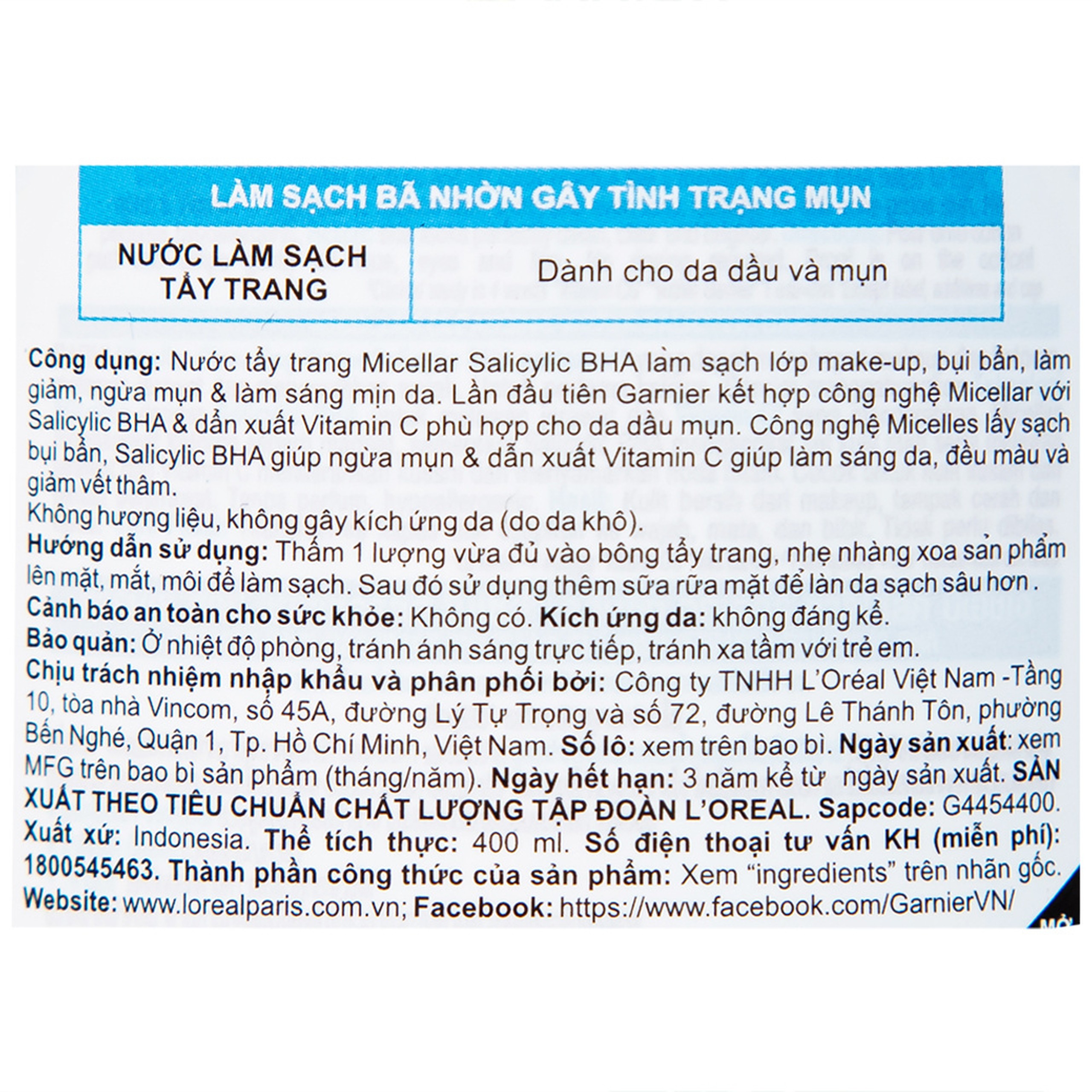 Nước tẩy trang cho da dầu, mụn Garnier Skin Naturals Micellar 400ml