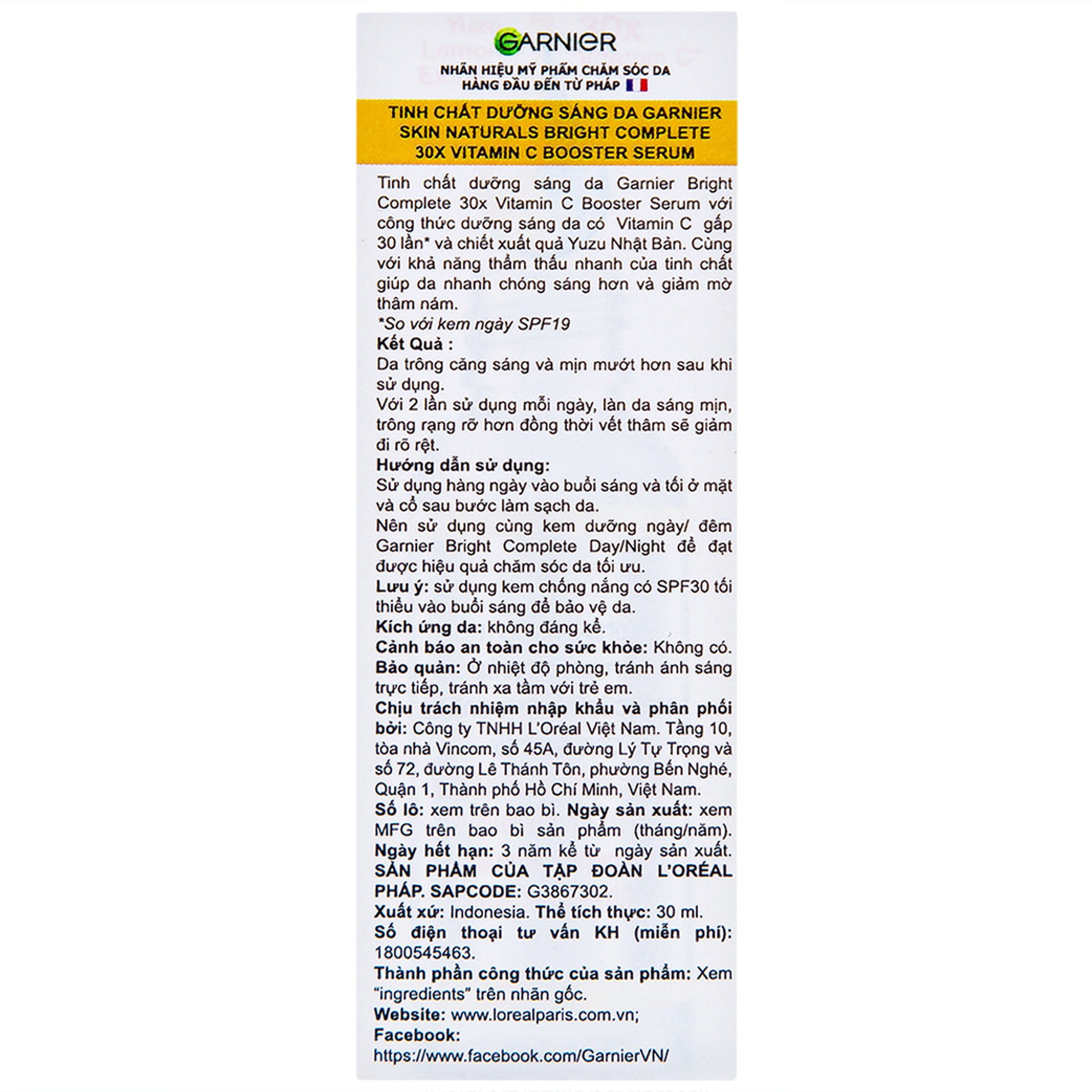 Tinh chất dưỡng sáng da, mờ thâm Garnier Skin Naturals Bright Complete 30x Vitamin C Booster Serum 30ml