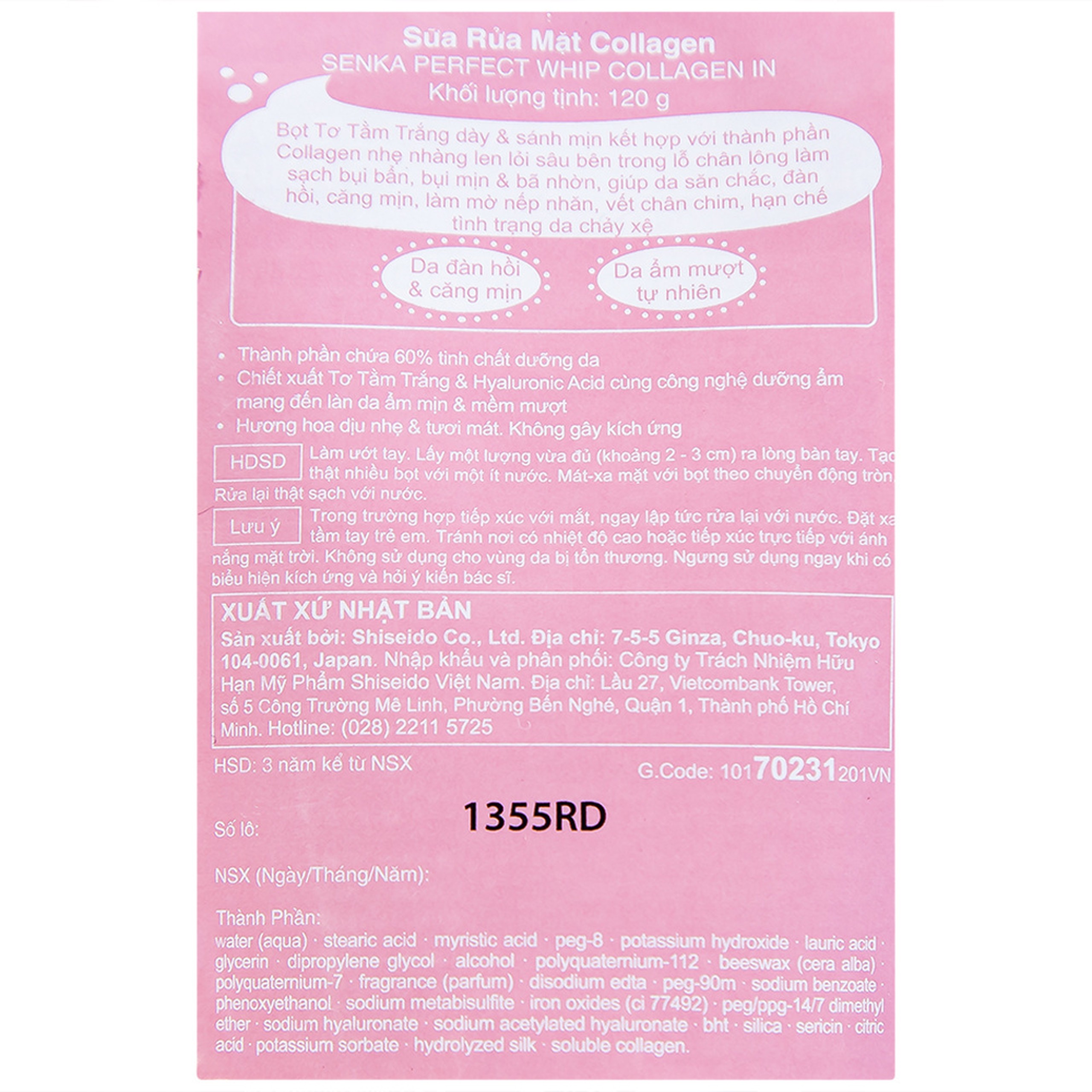 Sữa rửa mặt Perfect Whip Collagen In Senka loại bỏ bụi bẩn, bã nhờn và cải thiện độ đàn hồi (120g)