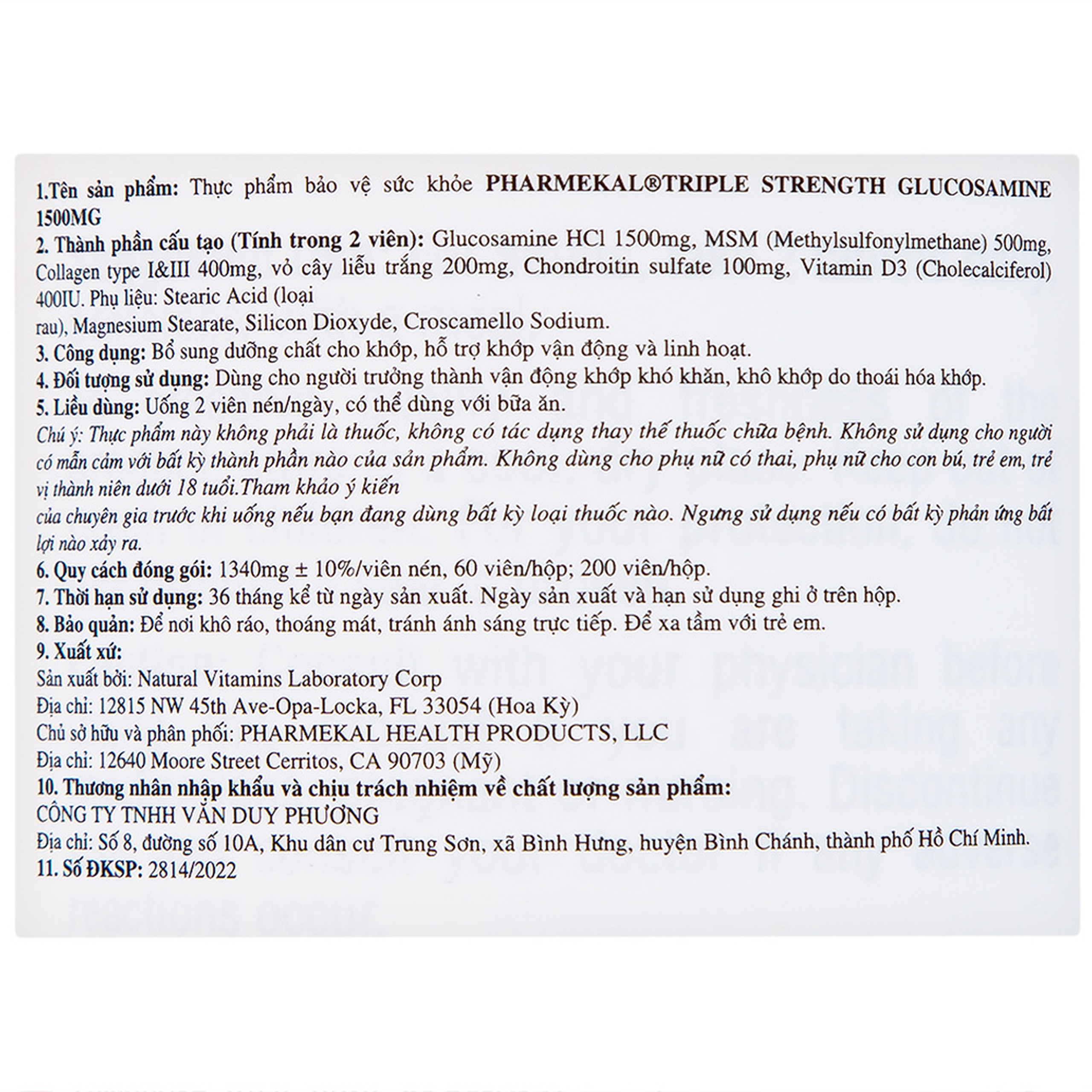Viên uống hỗ trợ khớp, bổ sung dưỡng chất cho khớp Triple Strength Glucosamine 1500mg Pharmekal (200 viên)