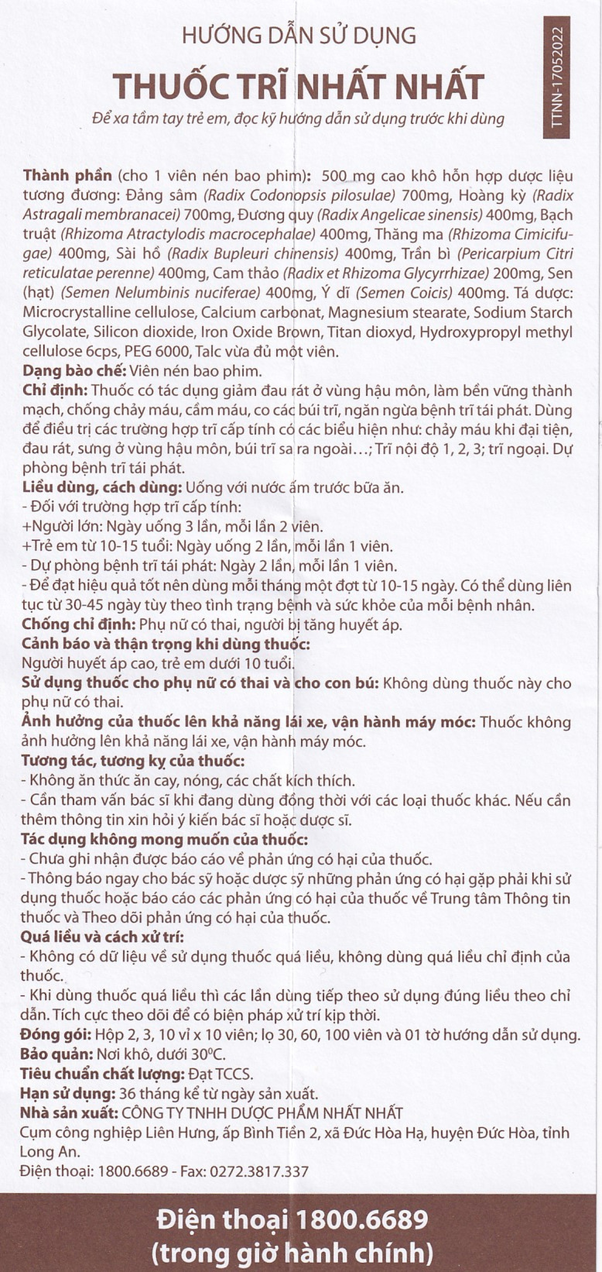 Thuốc Trĩ Nhất Nhất giảm đau rát hậu môn, làm bền vững thành mạch, điều trị các trường hợp trĩ cấp tính (3 vỉ x 10 viên)