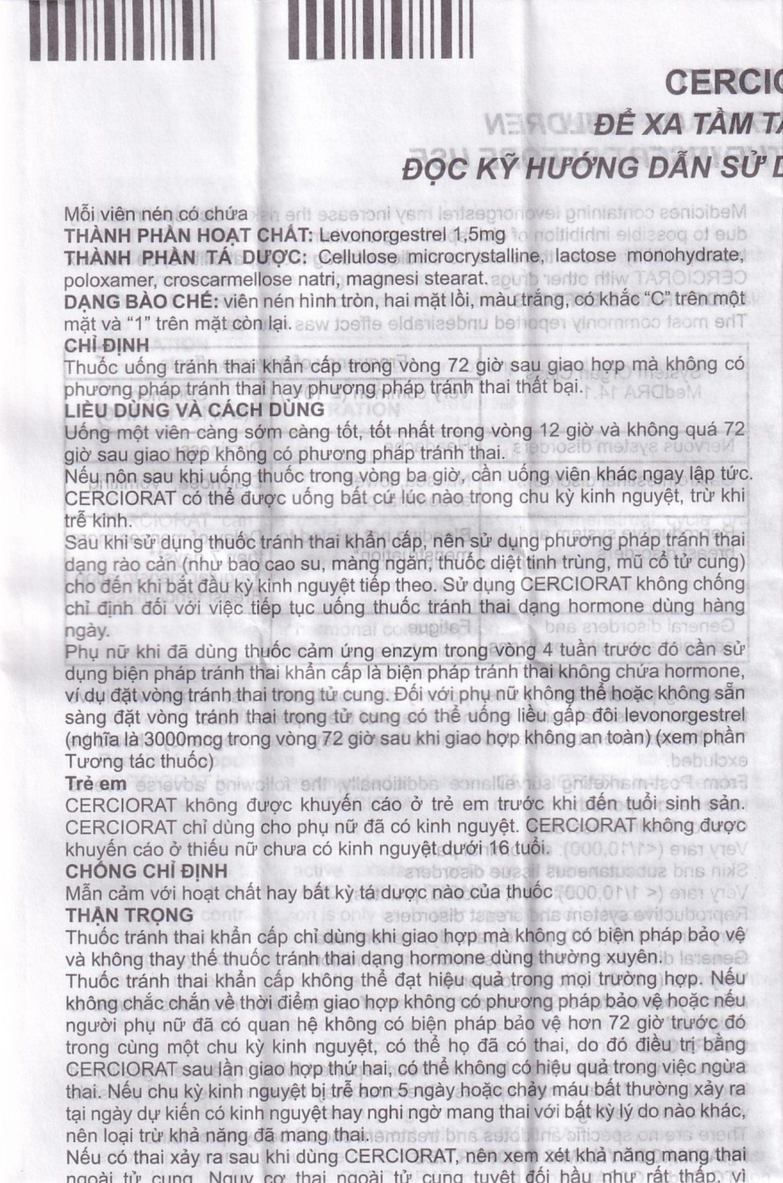 Thuốc tránh thai khẩn cấp Cerciorat 1.5mg Exeltis (1 viên)