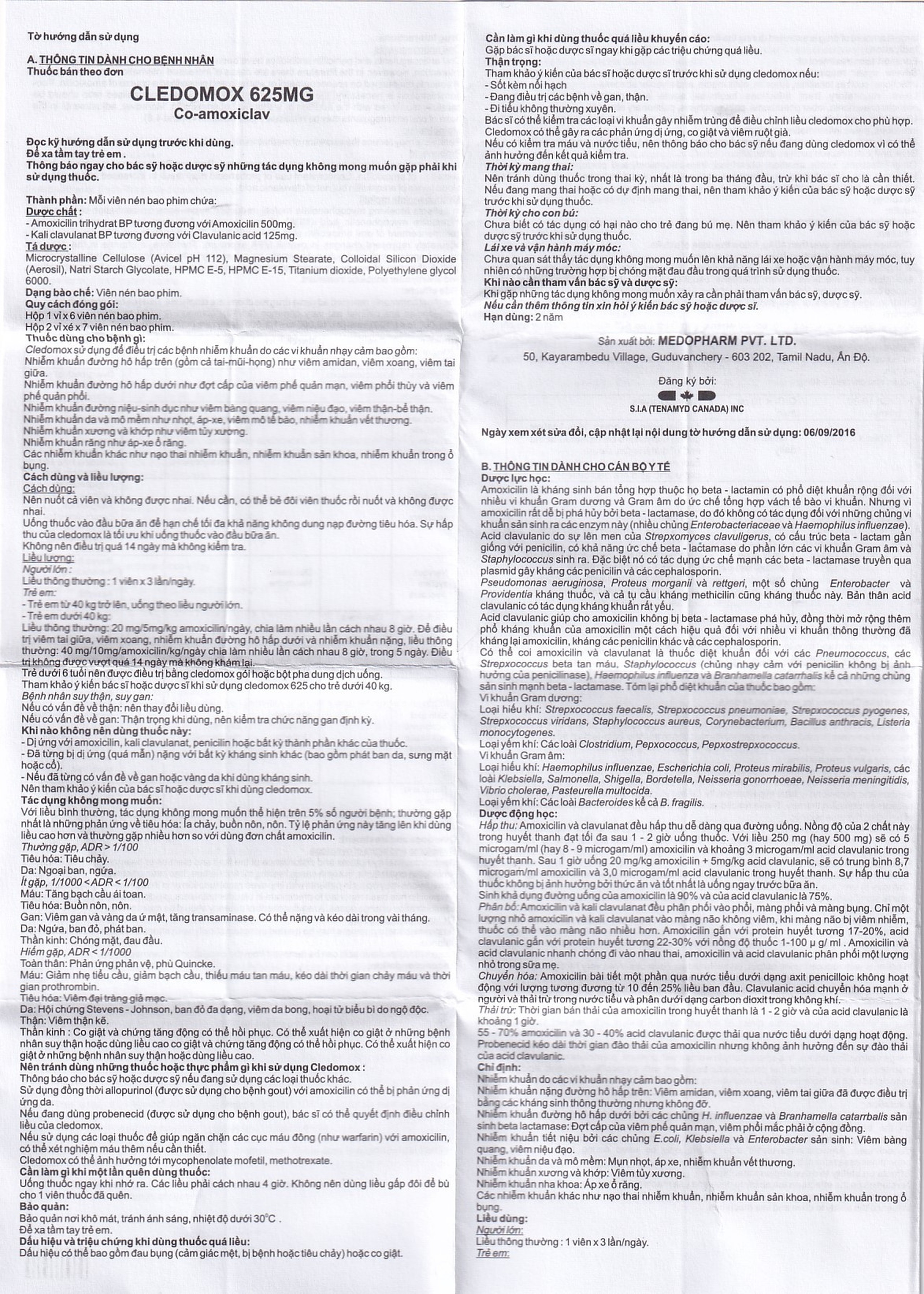 Thuốc Cledomox 625 Tenamyd điều trị các trường hợp nhiễm khuẩn (2 vỉ x 7 viên)
